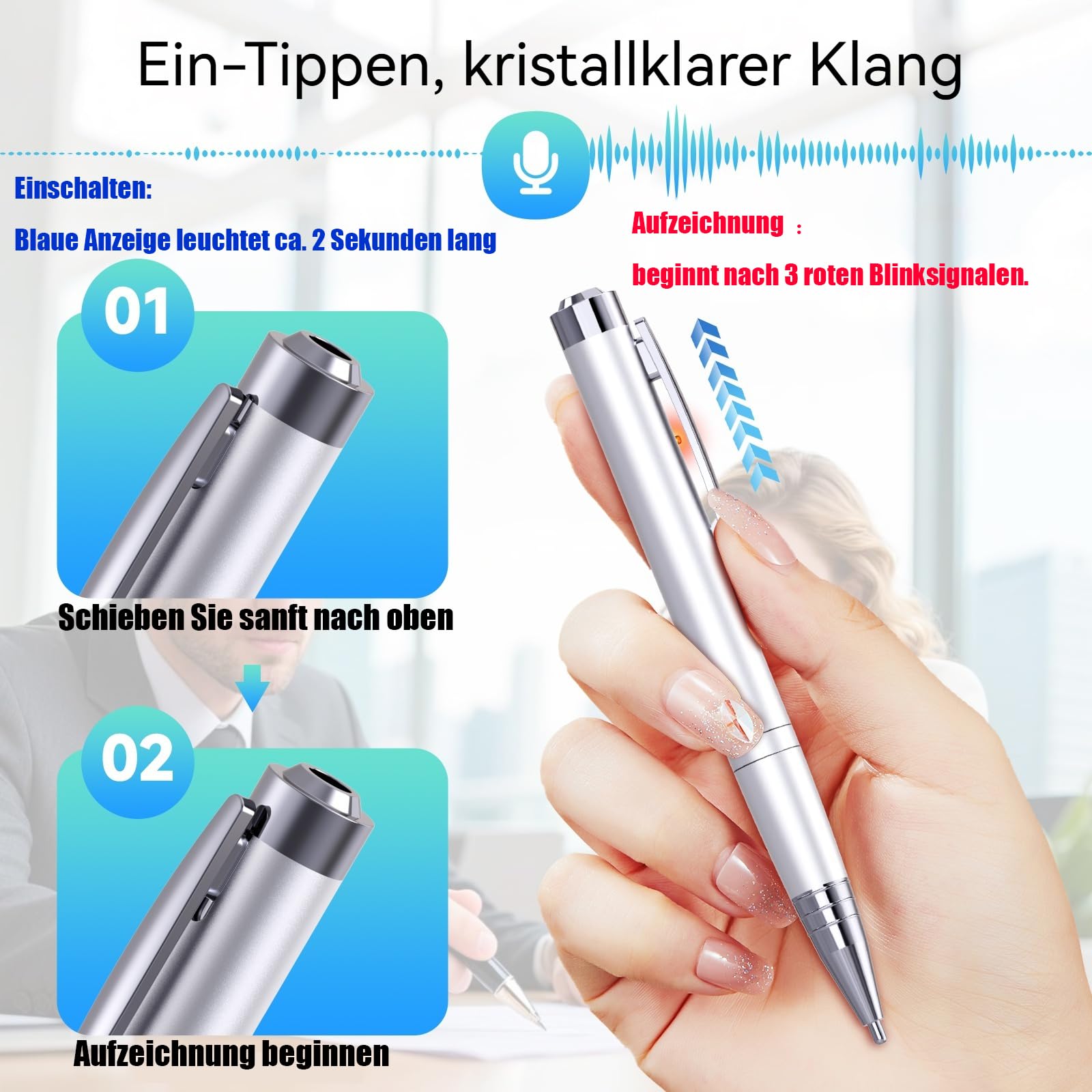 JUSTSTONE Digital Voice Recorder 100 GB, 1600 Stunden Aufnahmekapazität, 360° Surround-Aufnahme, One-Touch Aufnahme, Sprachaktivierung,AI Geräuschunterdrückung, Ideal für Klassenzimmer und Meetings