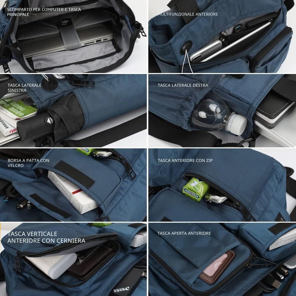 Borsa da uomo a tracolla, per computer portatile, borsa da lavoro, impermeabile per viaggi