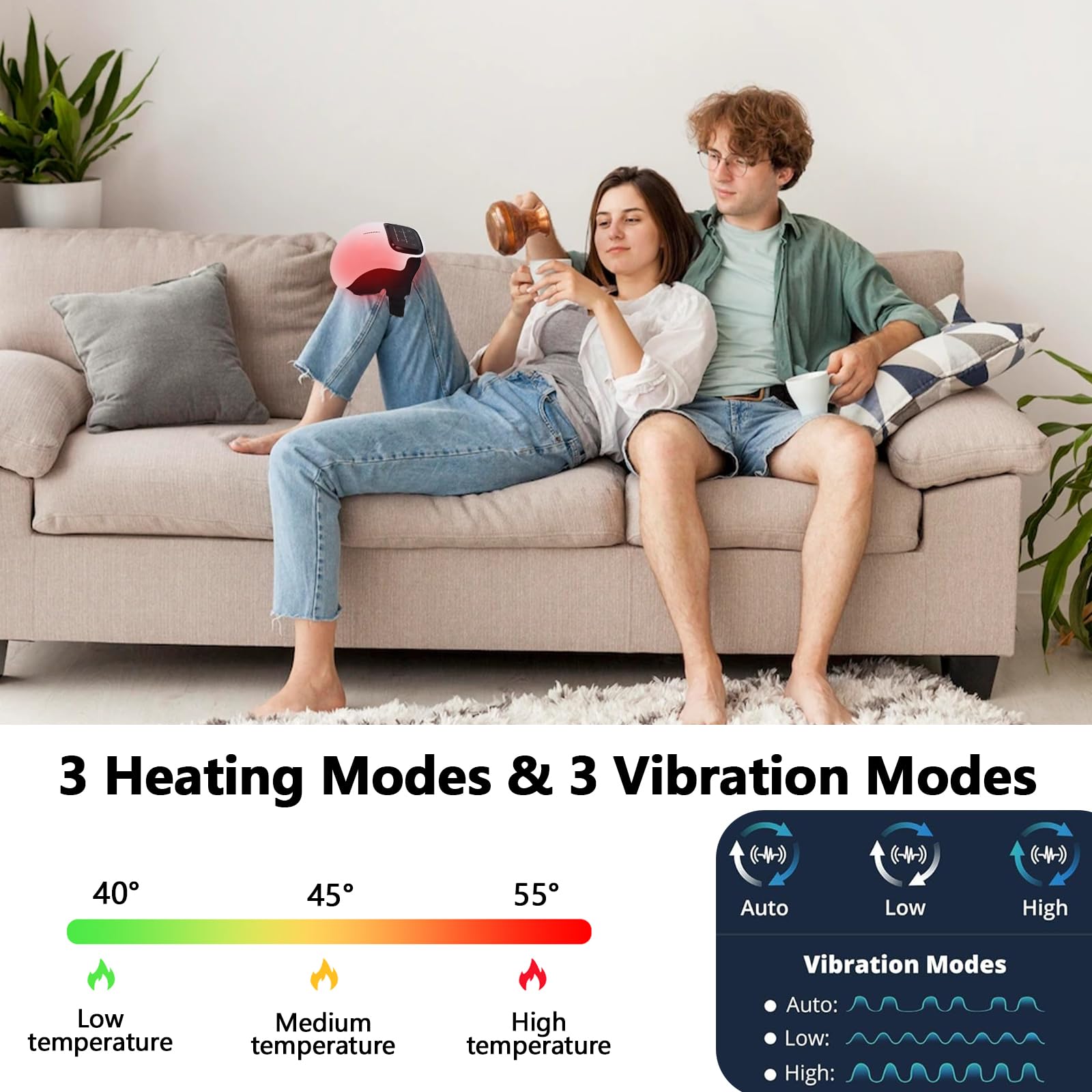 Heizbares Kniemassagegerät, kabellos, Massagegerät für Arthritis, 3000 mAh, 3 einstellbare Modi, 40 – 55 °C, für Schwellungen, Spannung, Banddehnung, Muskelverletzung (A)