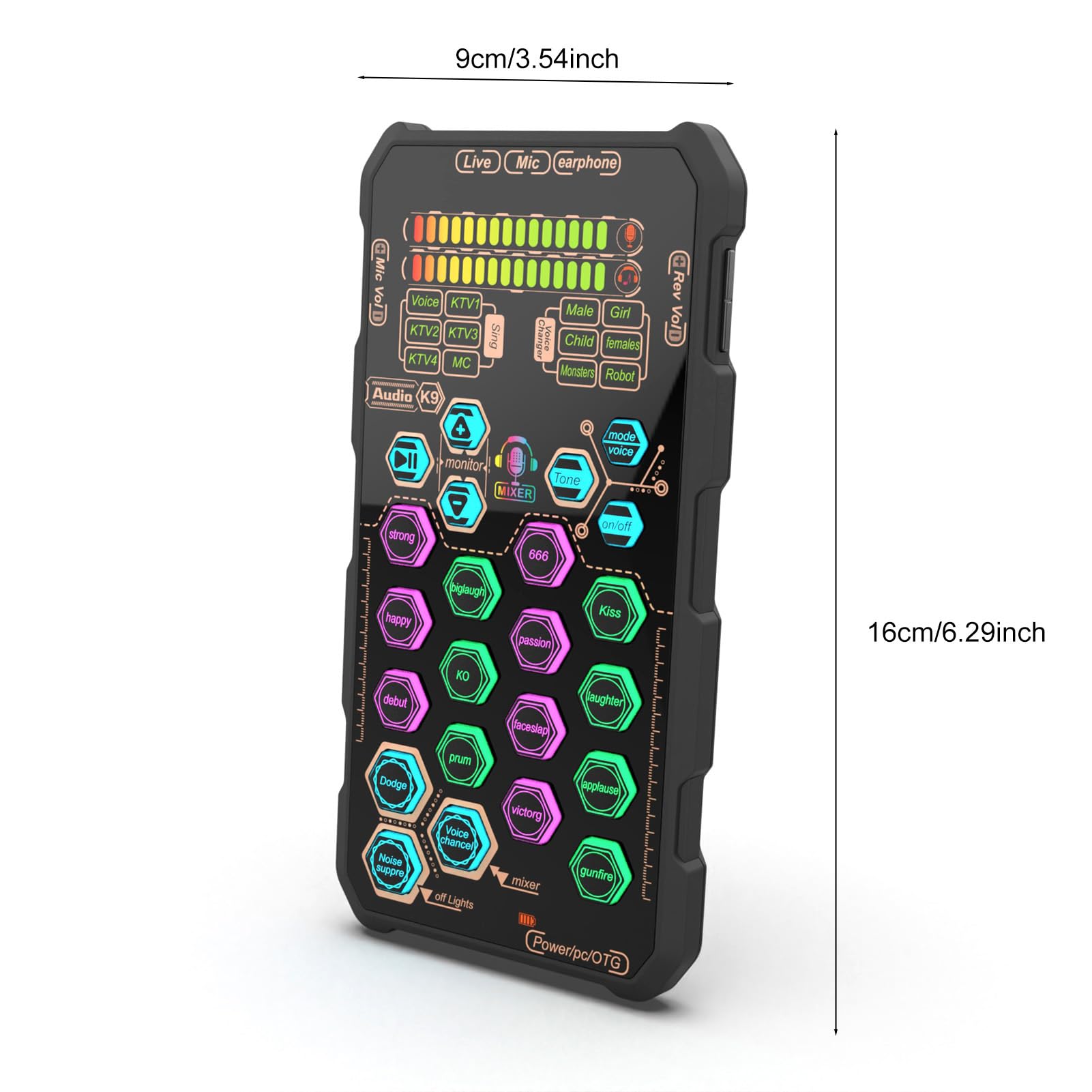 XUMIUZIY Mixer Audio Scheda Audio K9, 6 modalità di Canto 6 Effetti Vocali con Riduzione del Rumore Ducking, per Streaming Live Podcasting Karaoke DJ Performance