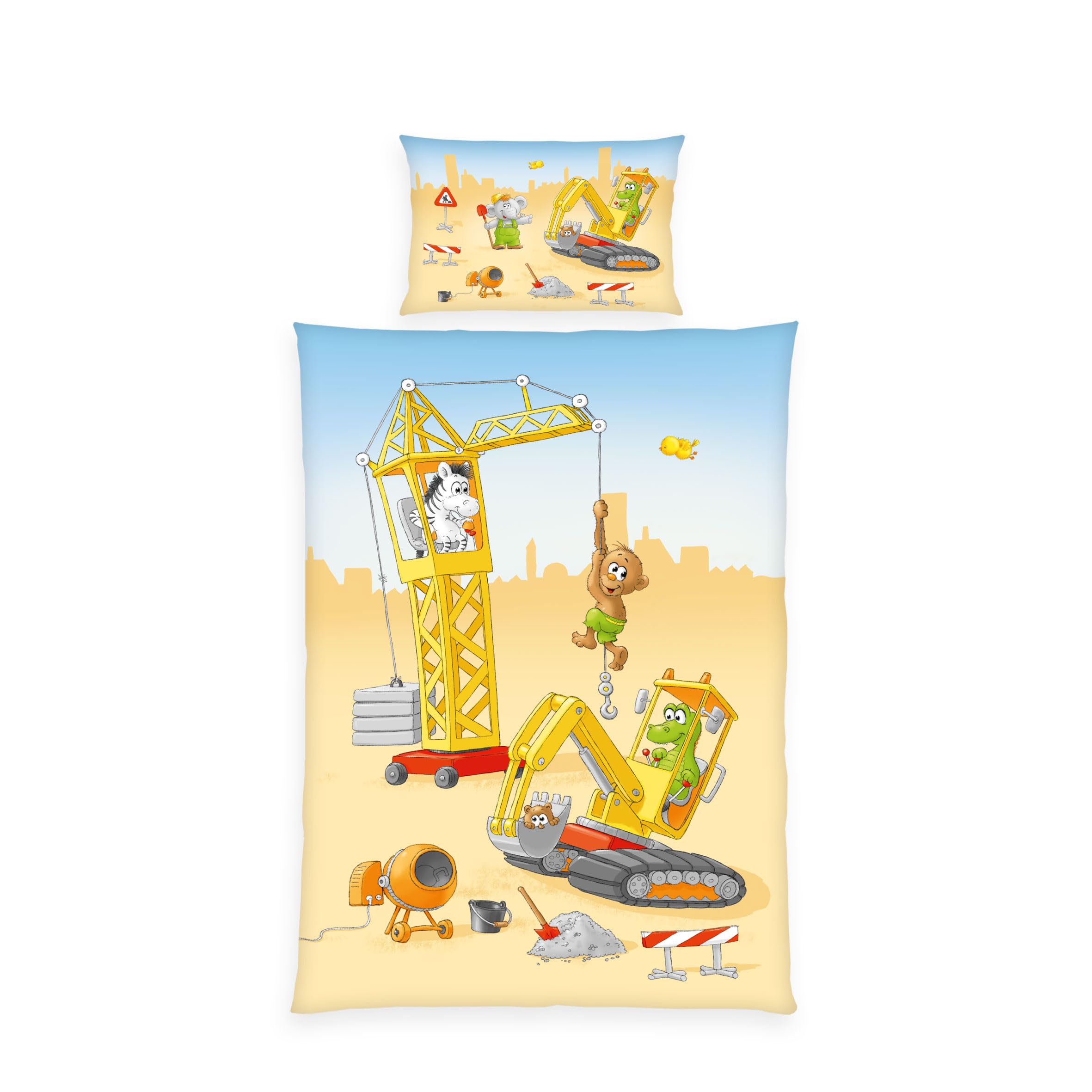 Herding Babybest Construction Site Bed Linen, Pillowcase Approx. 40 x 60 cm, Duvet Cover Approx. 100 x 135 cm, with Practical Button Placket, 100% Cotton