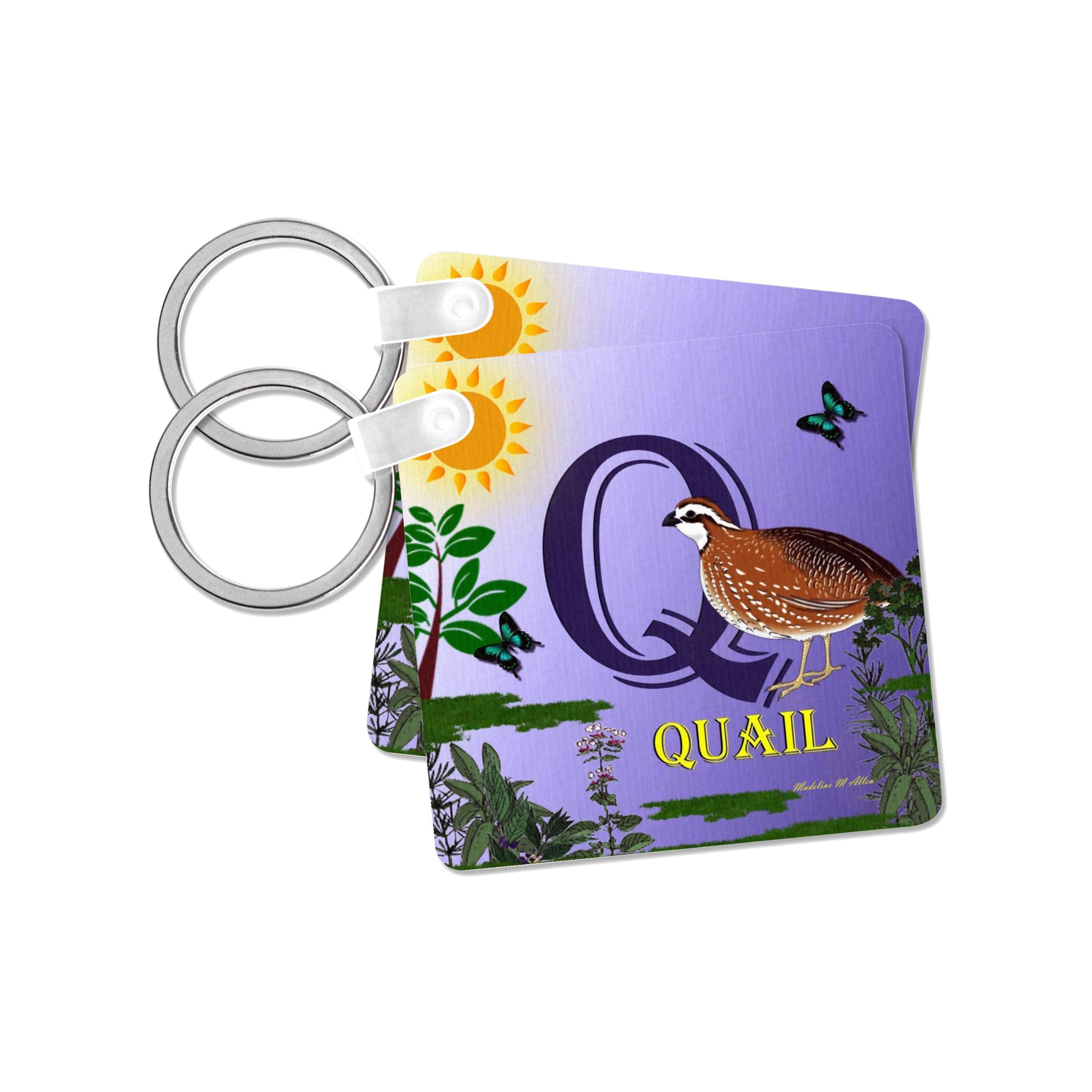 3dRose, Decorative Animal Alphabet Art for children - Q is for Quail that is walking by, set of 2 Key Chains