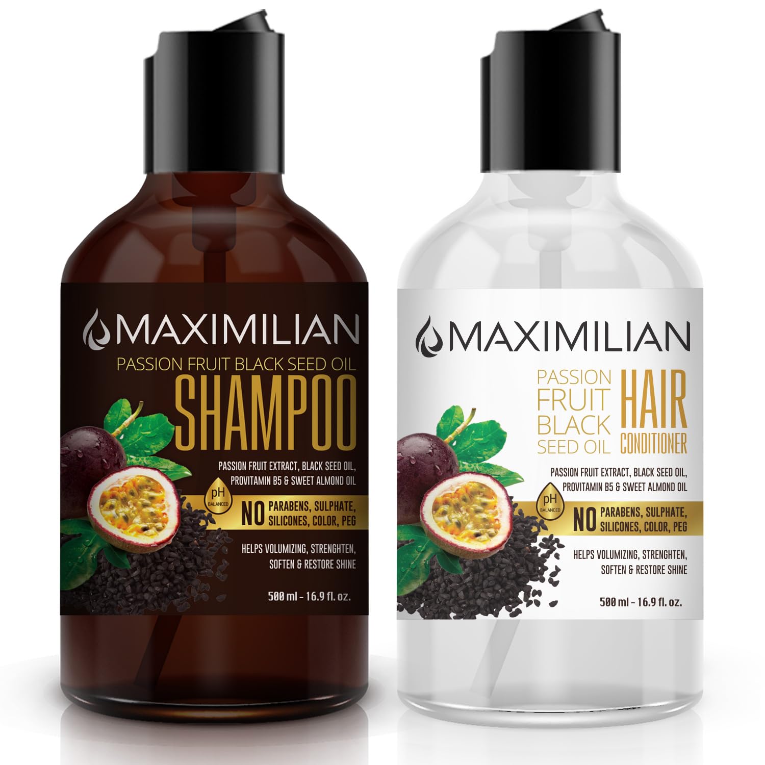 Maximilian Passion Fruit Black Seed Oil Curly Hair Shampoo and Conditioner Set- Extra Volumizing, Strengthing, Moisturizing, Hydration and Shine - Sulfate Paraben Free - (2 x 16.9 Fl Oz / 500mL)