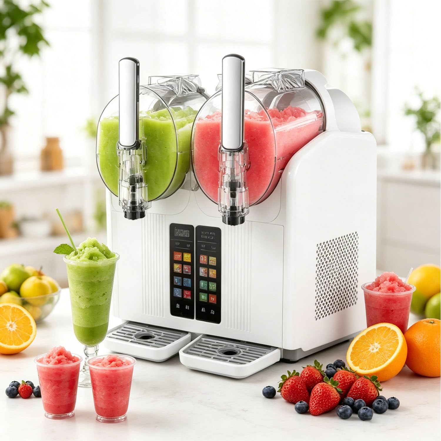 GLBMXDD Freeze Drink & Slushie Machine, 430W, 2x2L,7 Preset Programs White