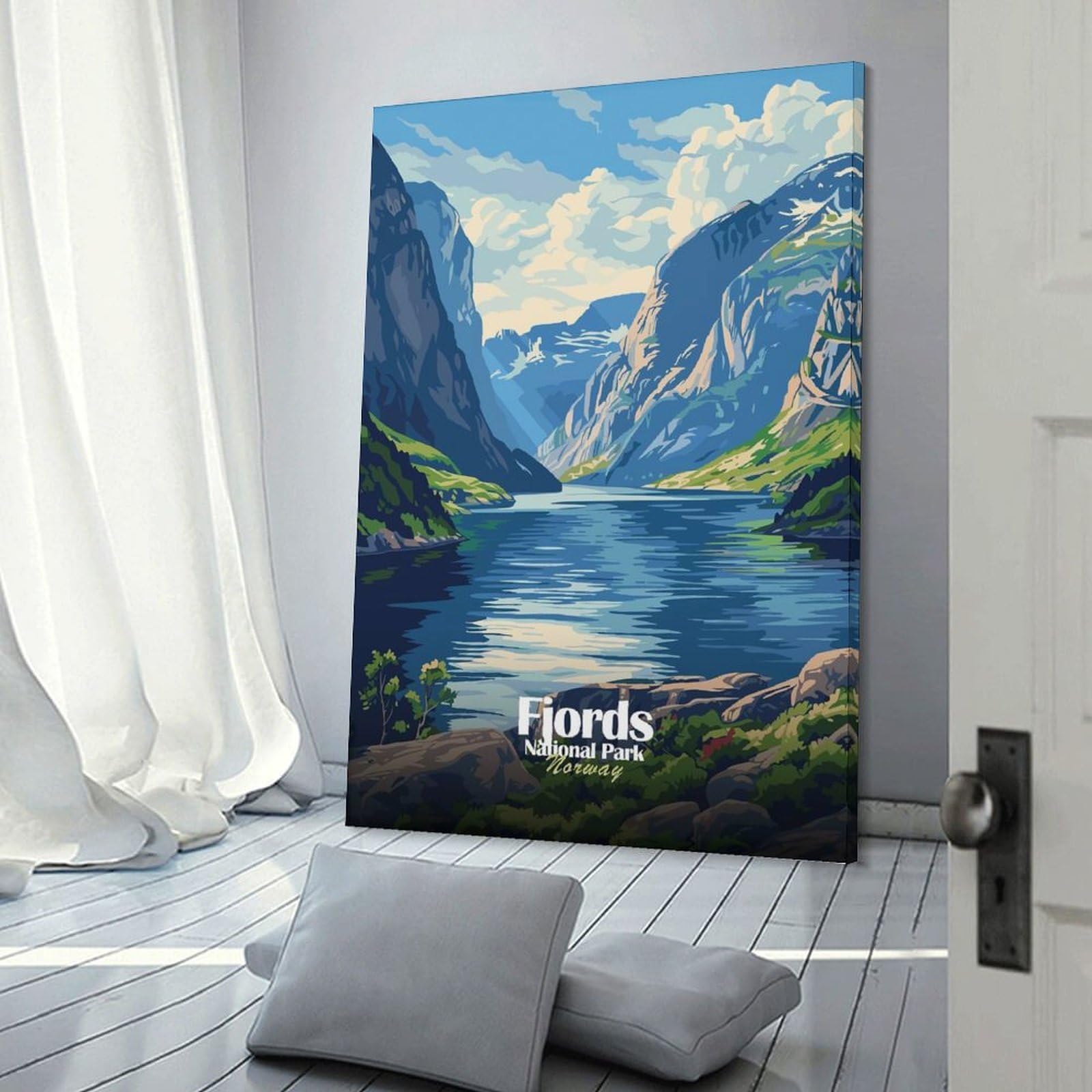 Junmoney Fjords National Park Norway Landscape Canvas Wall Decor 20x30inch(50x75cm), for Calm Bedrooms, Home Corners Or Flats, An Easy Wall Refresh for Bedrooms