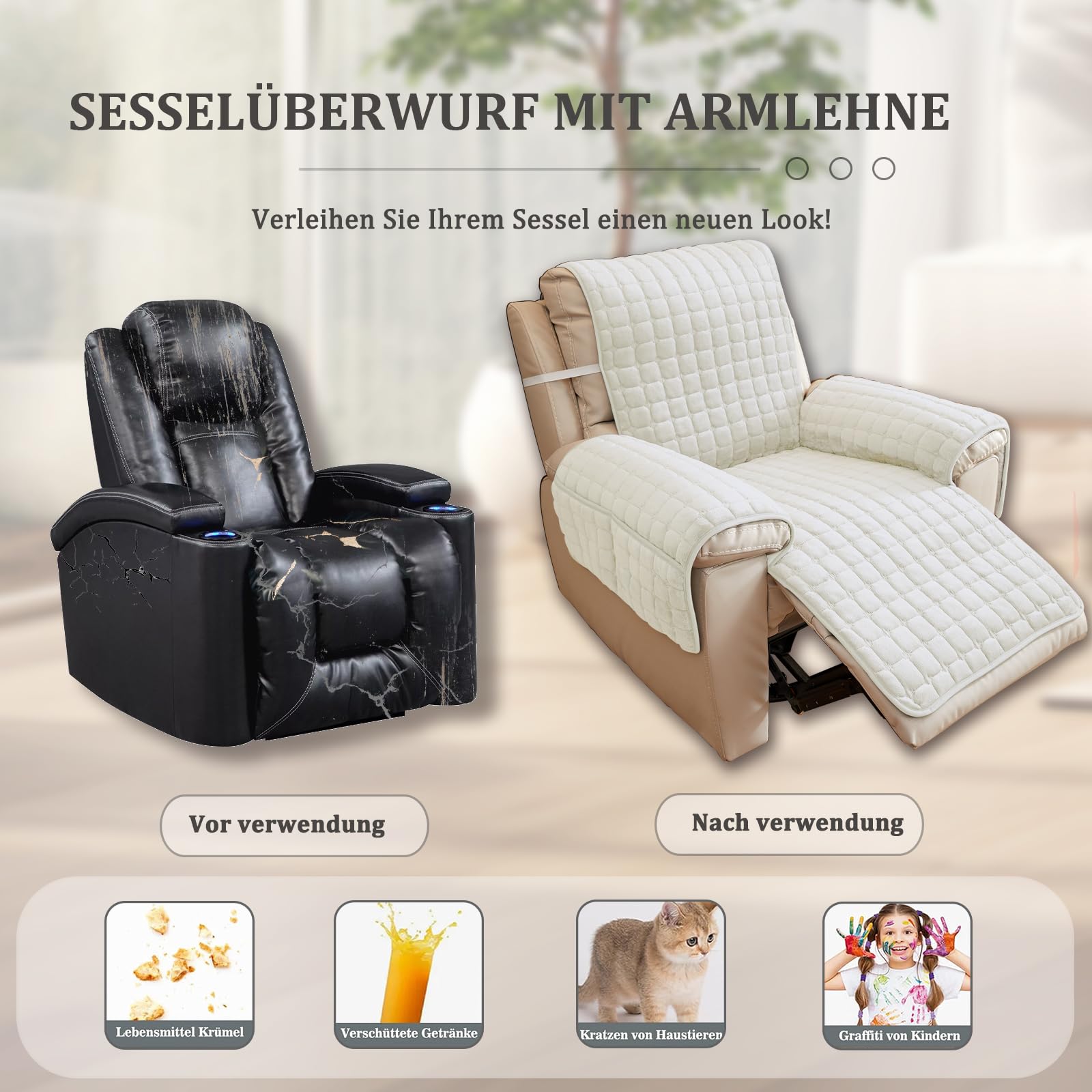 Copripoltrona 1 Posto Relax Reclinabile, Copri Poltrona con Braccioli Salvapoltrona Antiscivolo per Casa Con Bambini e Animali Domestici Cane(Bianco, 1 Posto(53 * 190cm))