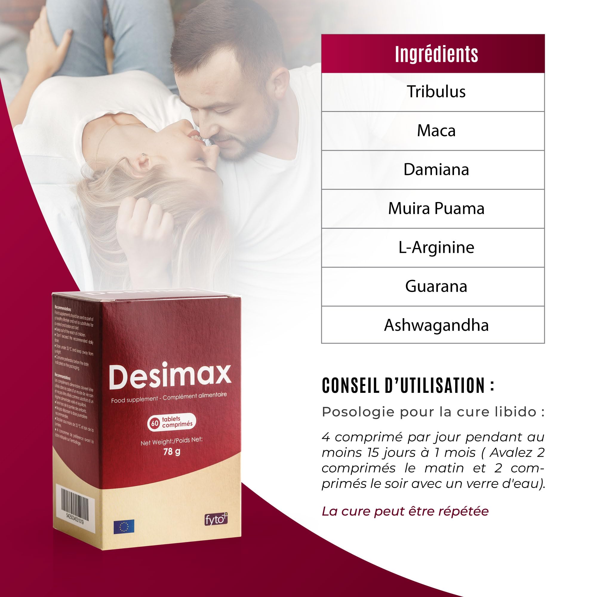 Desimax – Énergie, Libido & Vitalité Homme & Femme | Tribulus, Maca, Damiana, Ashwagandha, L-Arginine | 60 Comprimés | Vegan | Sans Gluten | Qualité GMP/ISO