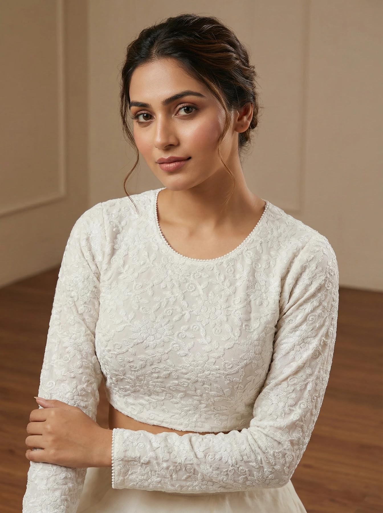 Women's Pink Chikankari Embroidered Saree Blouse, Round Neck, Full Sleeves, Crop Top-image-21