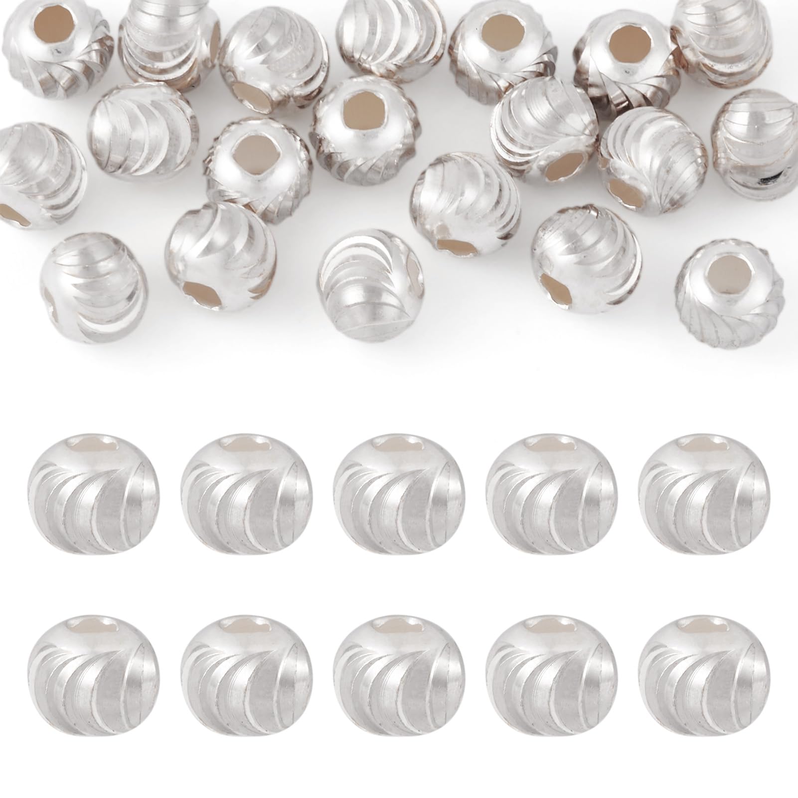 20 Pcs 925 Sterling Silver Corrugated Beads Round Spacer Beads 5 mm Ball Loose Beads Bulk for DIY Necklace Bracelet Earring Crafting Women Key Chain Accessory