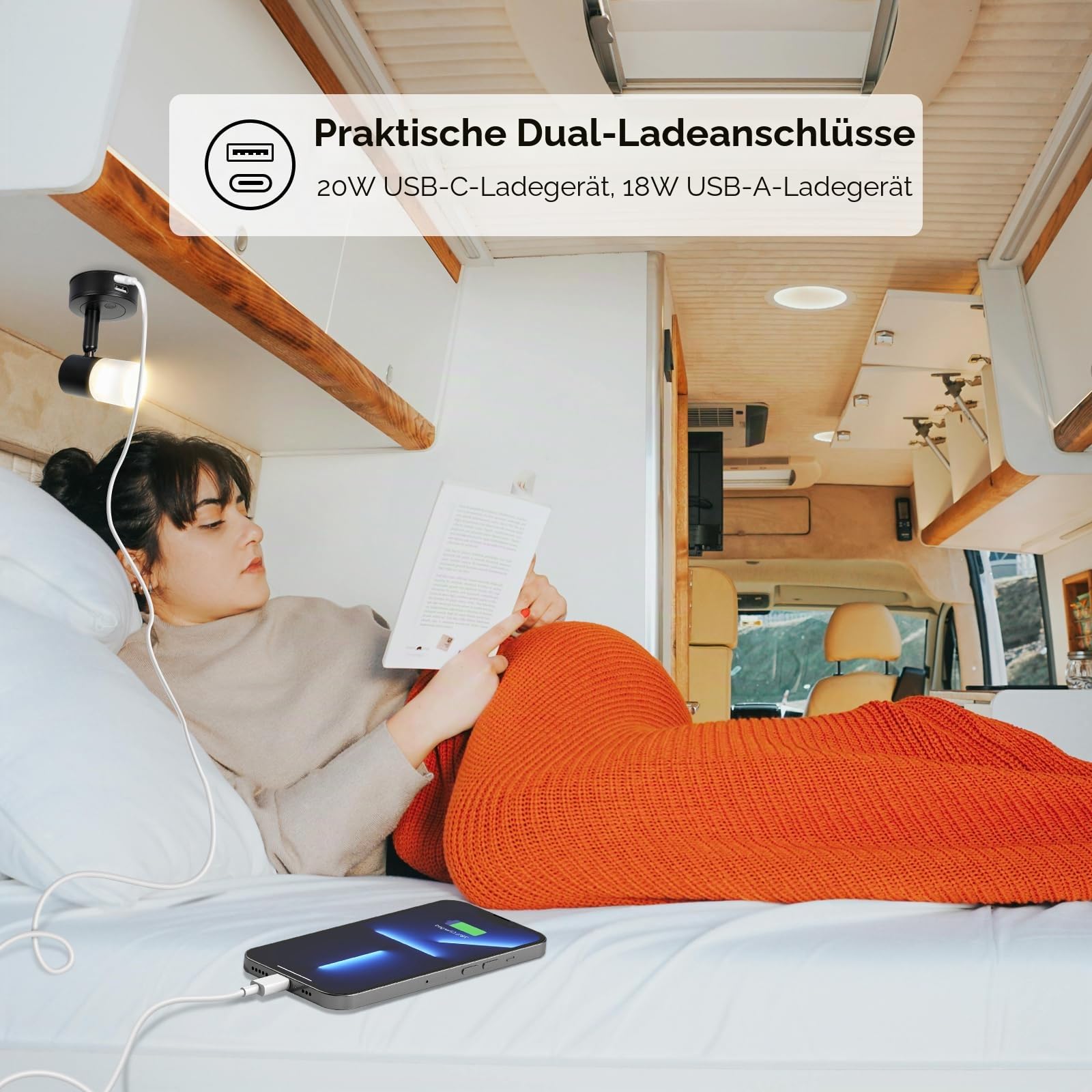 acegoo 12V Leselampe Wohnmobil LED Dimmbar Bett Lampe mit USB-Schnellladegerät, Acryl Spot 24VDC für Boot Wohnwagen Camper Van Yacht Innenbeleuchtung, Fest verdrahtet 3200K/rote Nachtlicht Schwarz