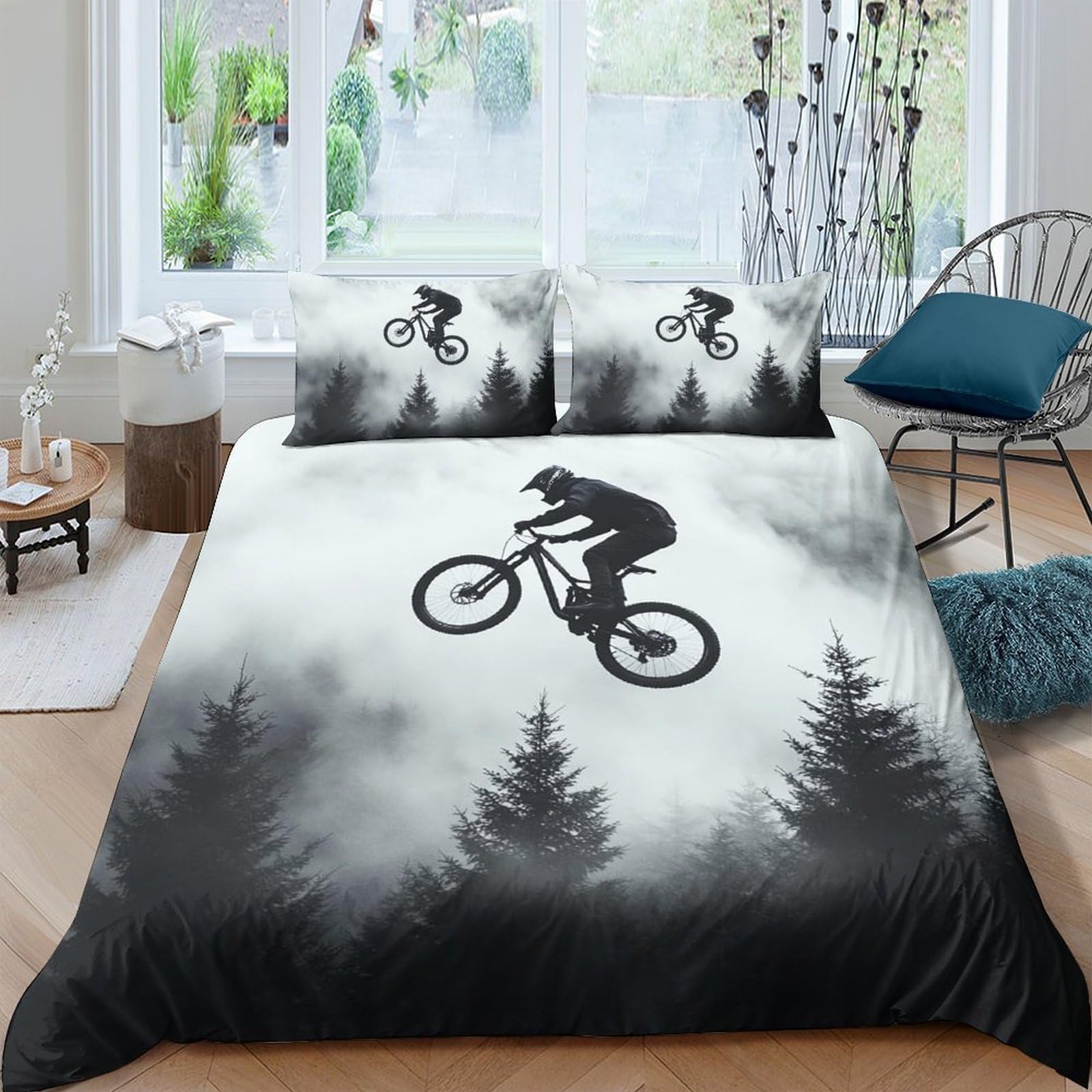Ctjqhvkz Style-1 3D Printed Mountain Forest Fitted Sheet Microfiber Soft Breathable Bicycle Silhouette Bed Cover For Bedroom Decor Single（135X200cm）