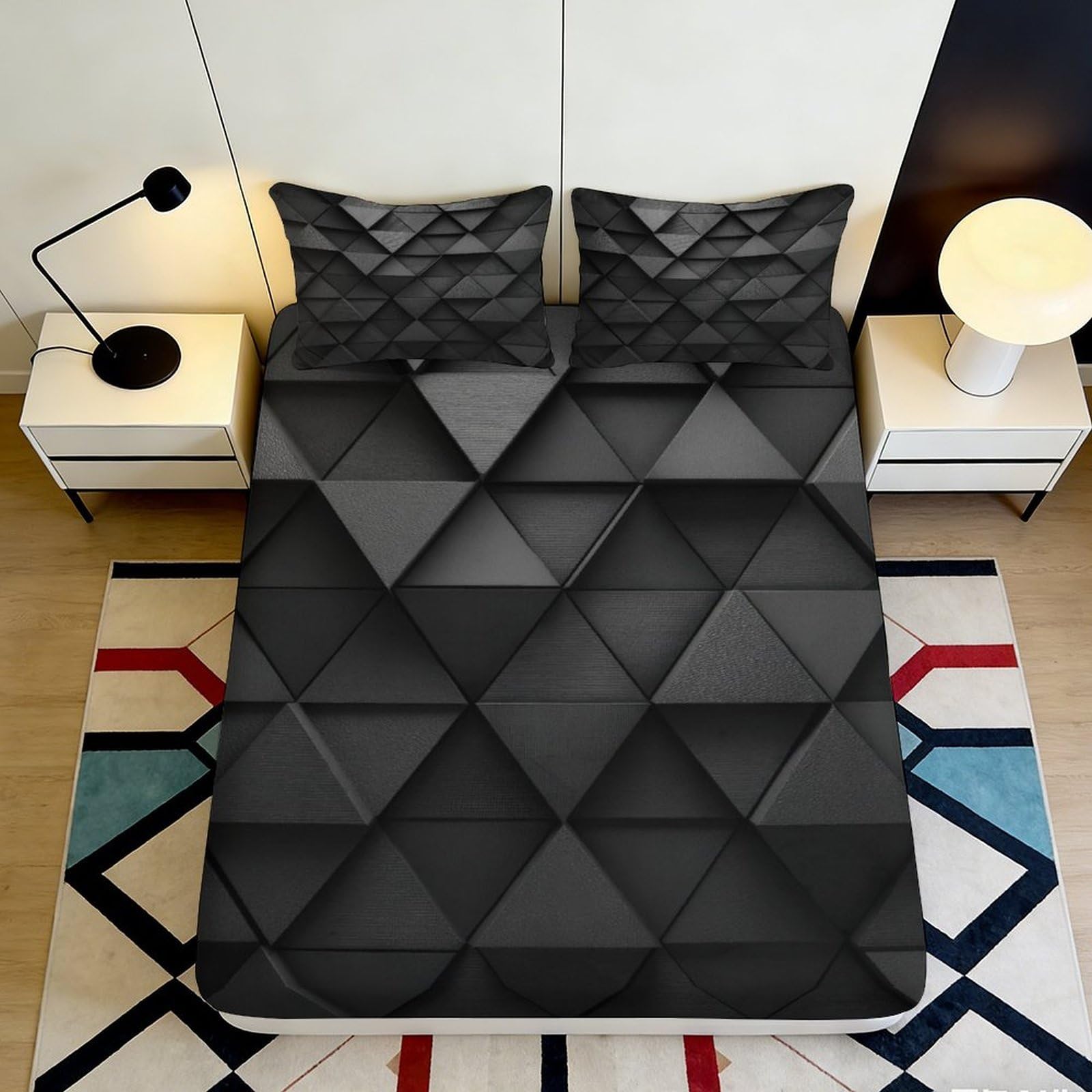 Pnayamiorkfel Style-2 3D Printed Geometric Black Fitted Sheet Microfiber Soft Bedroom Decor Triangle Pattern Mattress Cover For Adults Teens 90X200x25cm
