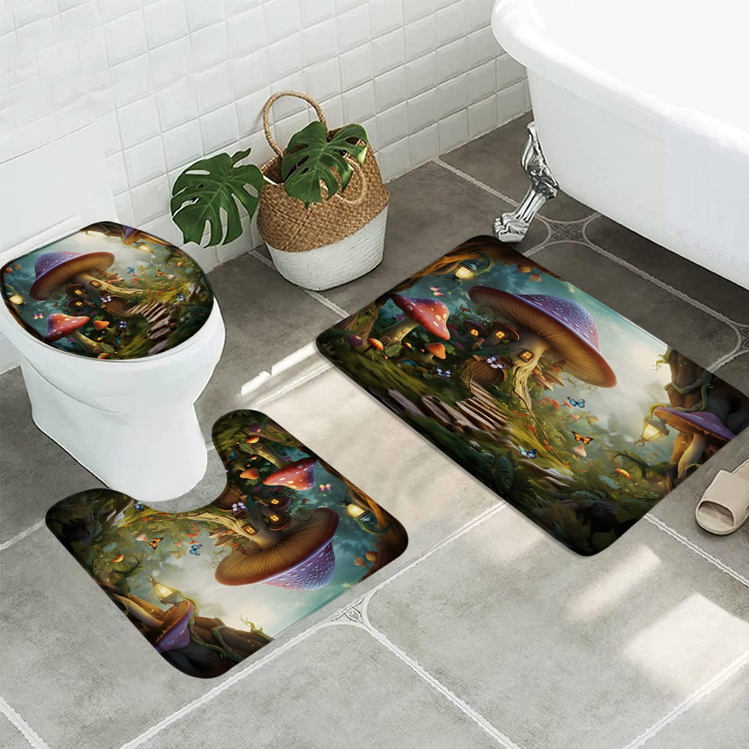 3pcs Spring Enchanted Forest Bathroom Sets with Non-Slip Rug,Toilet Lid Cover and Bath Mat,Green Jungle Fairy Tale Mushroom Tree House Floral Butterfly Cartoon Kid Bathroom Carpet Bath Mat Toilet Rugs