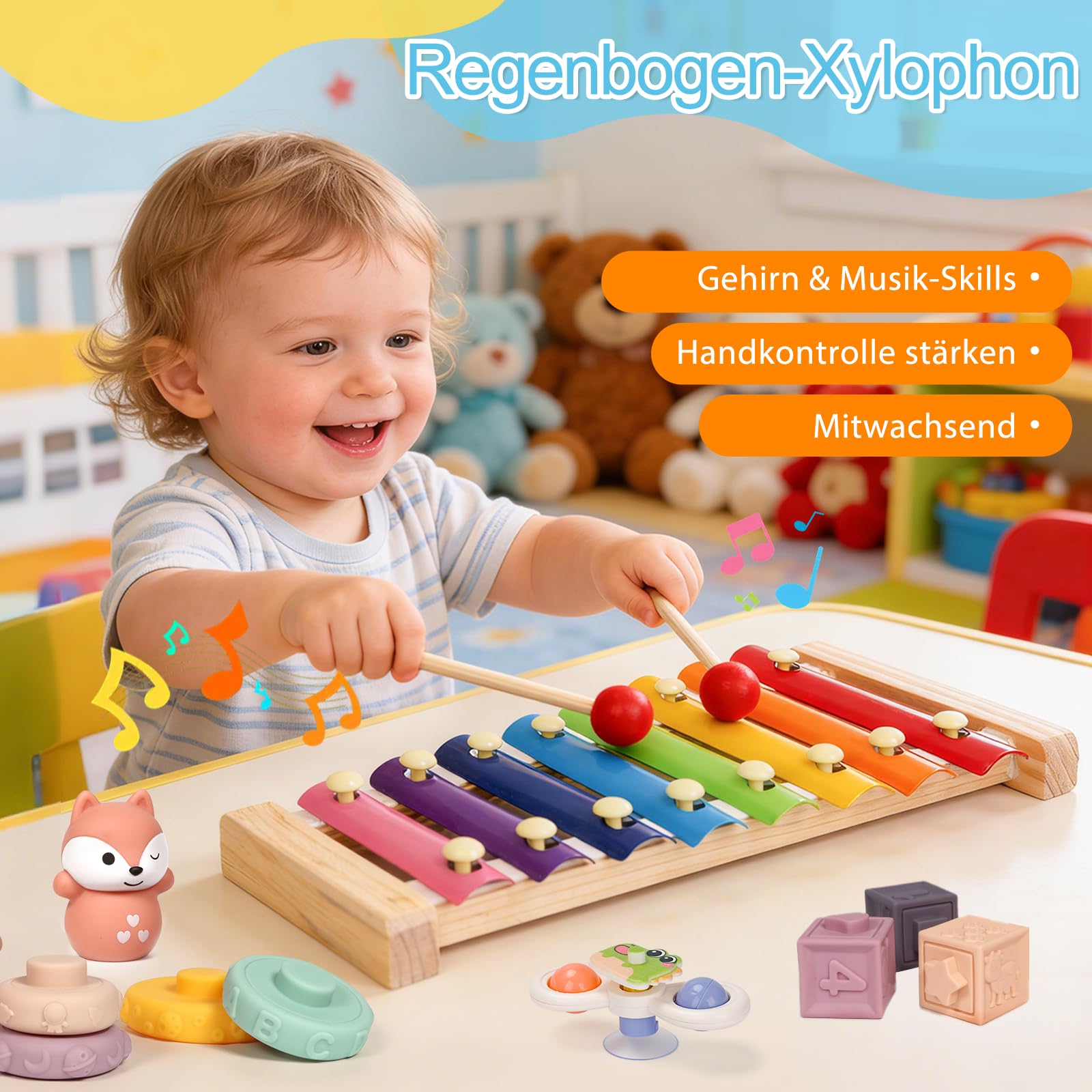 Montessori zabawka dla małych dzieci w wieku 1-3 lat, zabawka edukacyjna 7 w 1, zestaw z książką z materiału, klocki do układania w stos i zabawką sensoryczną, prezent dla chłopców i
