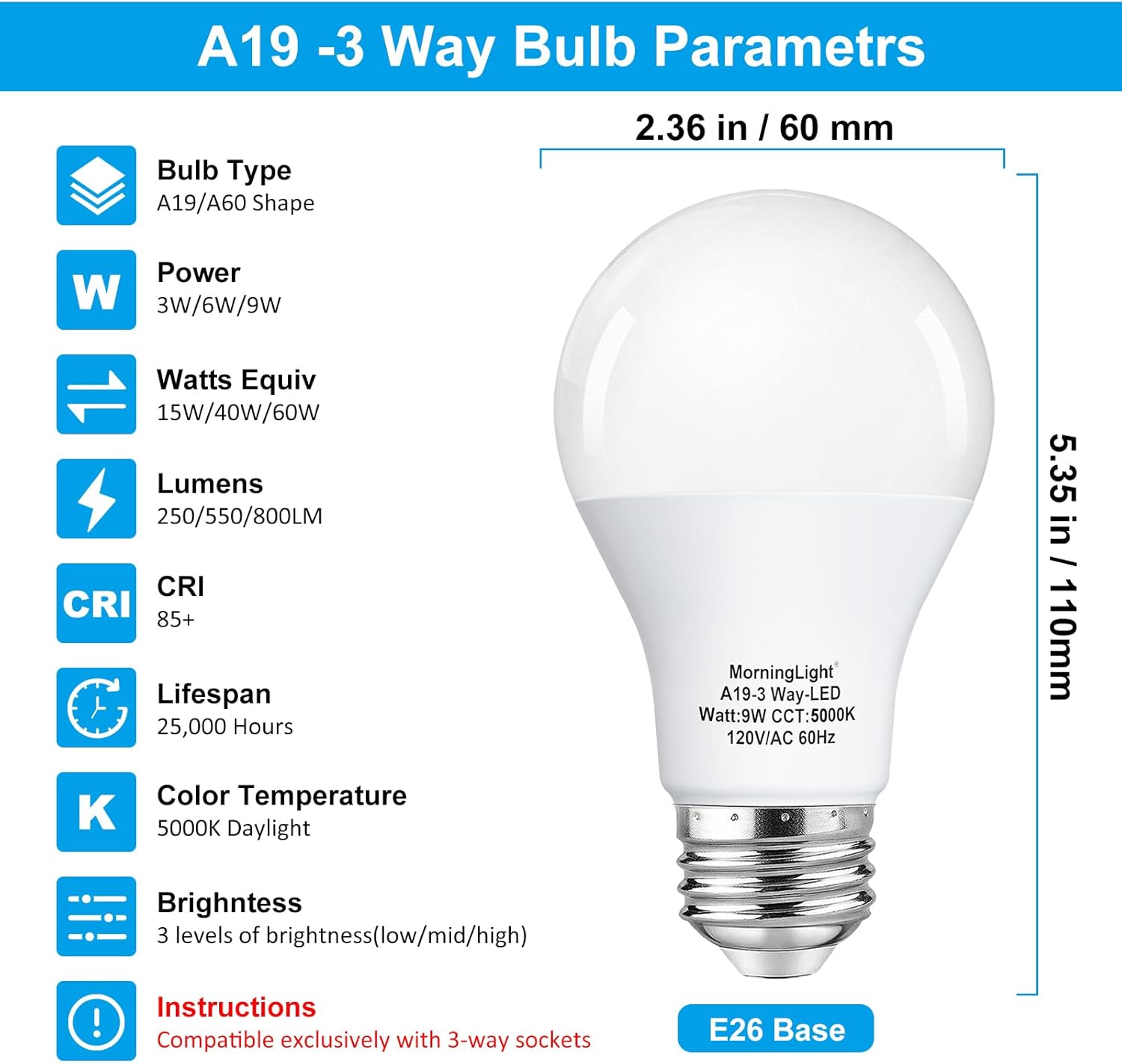 MorningLight 4 Pack 3-Way LED Light Bulbs 15 40 60Watt Equivalent, Daylight 5000K, E26 Base, 3W/6W/9W A19 Three Way Dimmable Light Bulbs for 3-Way Lamp Socket, 250/550/800LM, Low Watt 3 Way Bulbs