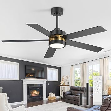 Ceiling Fan with Light, 52 Inch Modern Industrial Ceiling Fan with Reversible DC Motor, Downrod Mount Black and Gold Ceiling Fans LED Lights for Living Room Bedroom Matte Black & Gold