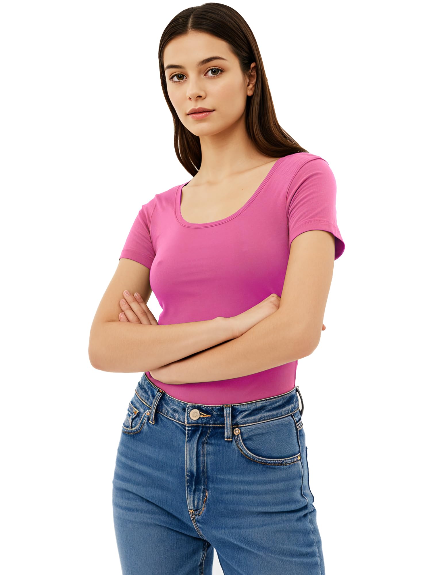 Emmalise Women's Fuchsia Scoop Neck Short Sleeve Tee For Basic Tshirt - Junior To Plus Sizes - Pink - Medium
