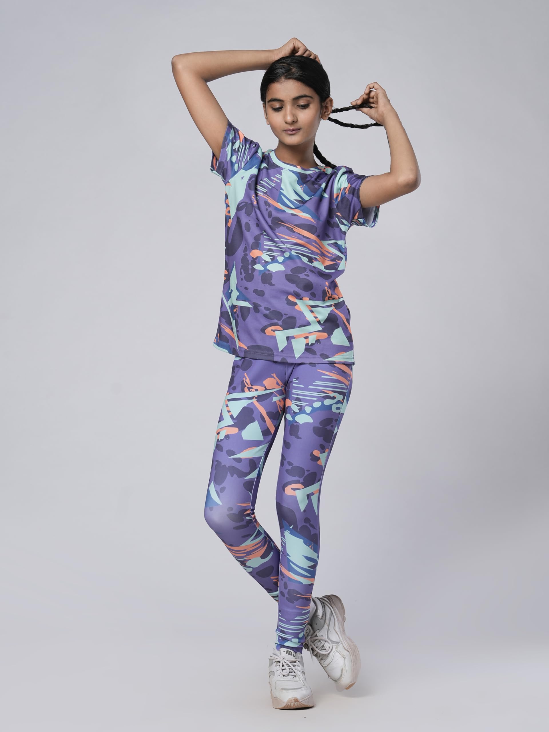 UMILDO Girl's Active Sports Wear Skinny Fit Ankle Length Printed Polyester Leggings_Purple - Image 7 thumbnail