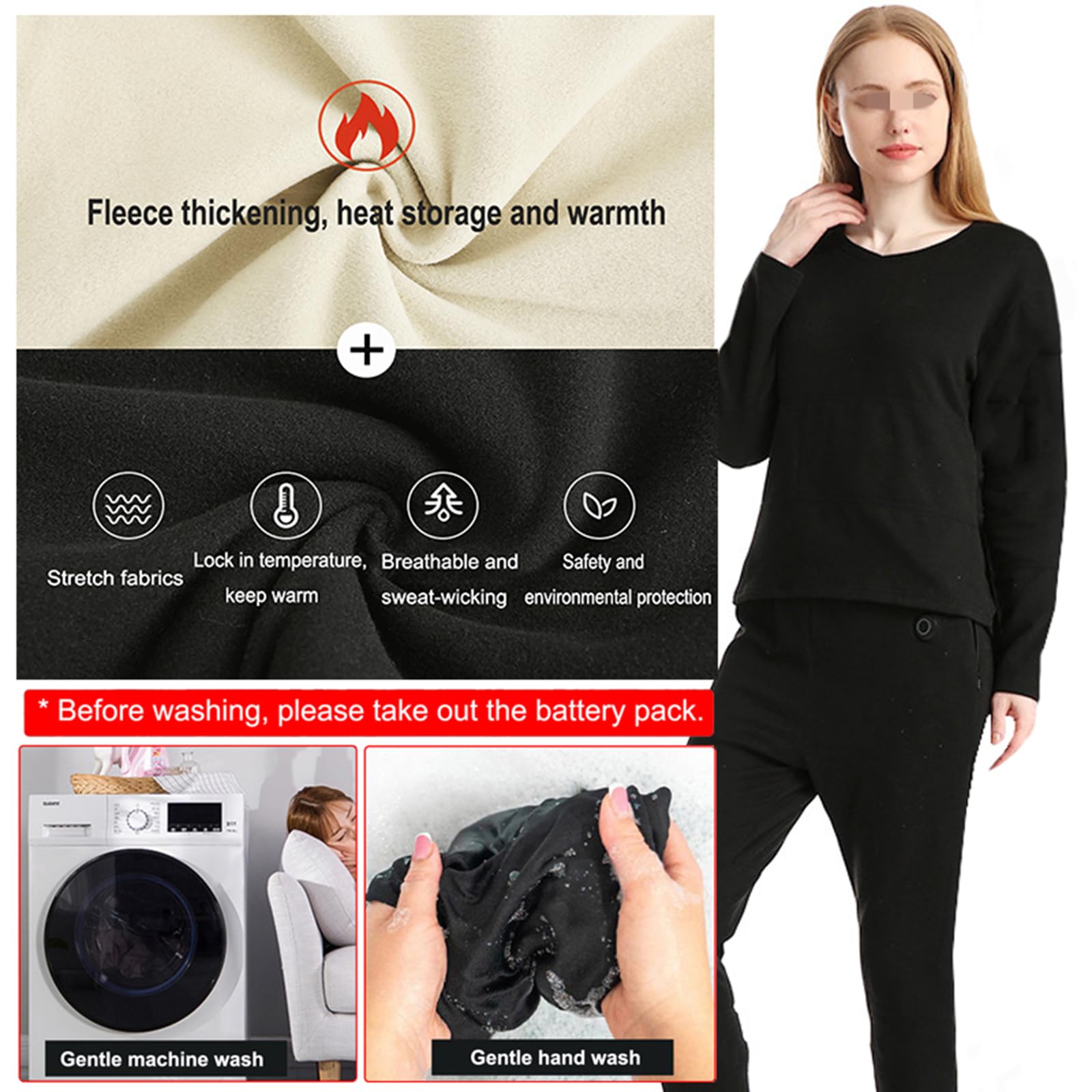 Set di Biancheria Intima Termica Riscaldata Donna, T-Shirt E Pantaloni Termica Elettrici con 14 Zone di Riscaldamento, Biancheria Intima Termica Riscaldante per Sci Pesca Escursionismo,XL,Black
