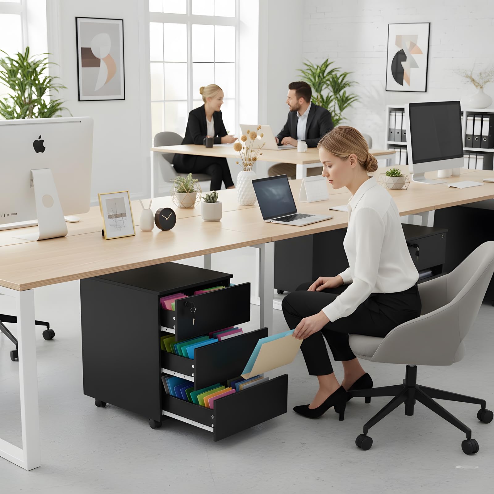 Caisson de Bureau Noir, Meuble Tiroir sous Bureau en Bois, Armoire Qui Ferme à clé avec 3 Tiroirs, Caisson sur roulettes Rangement, 39x45x54 cm
