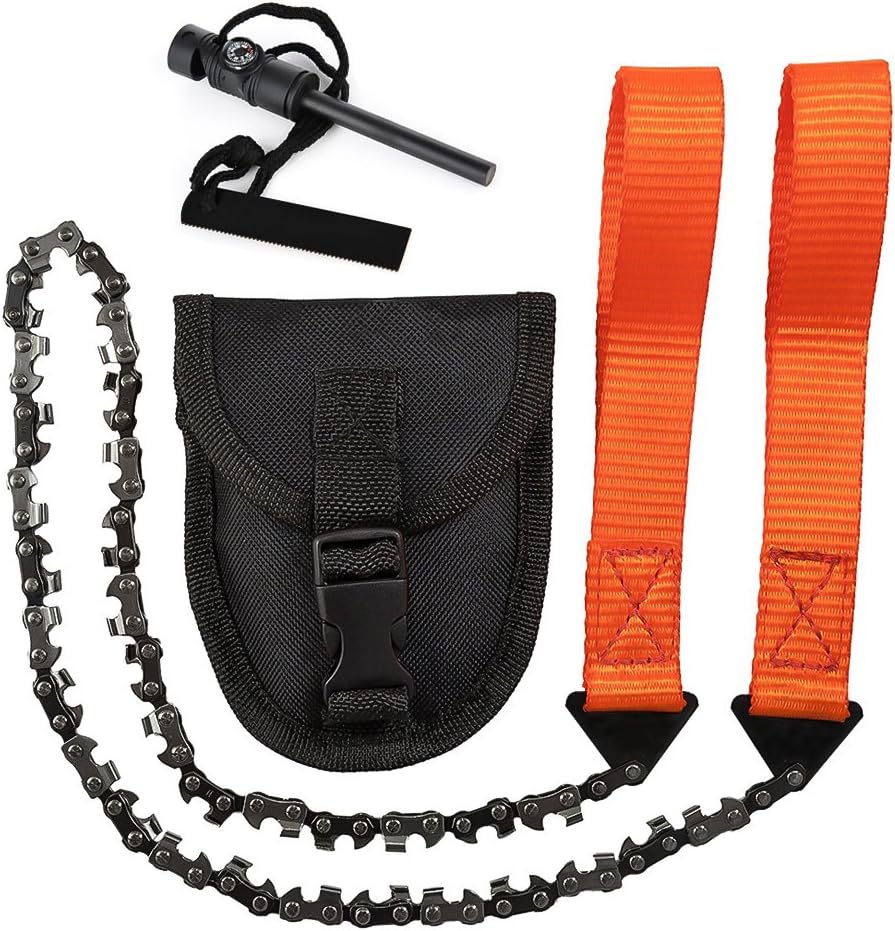 Hand Chainsaw with 33 Teeth Pocket Outdoor Cutting Tool for Garden Camping Hunting Hiking + Multifunctional Compass Fire Starter (24 Inches)，black