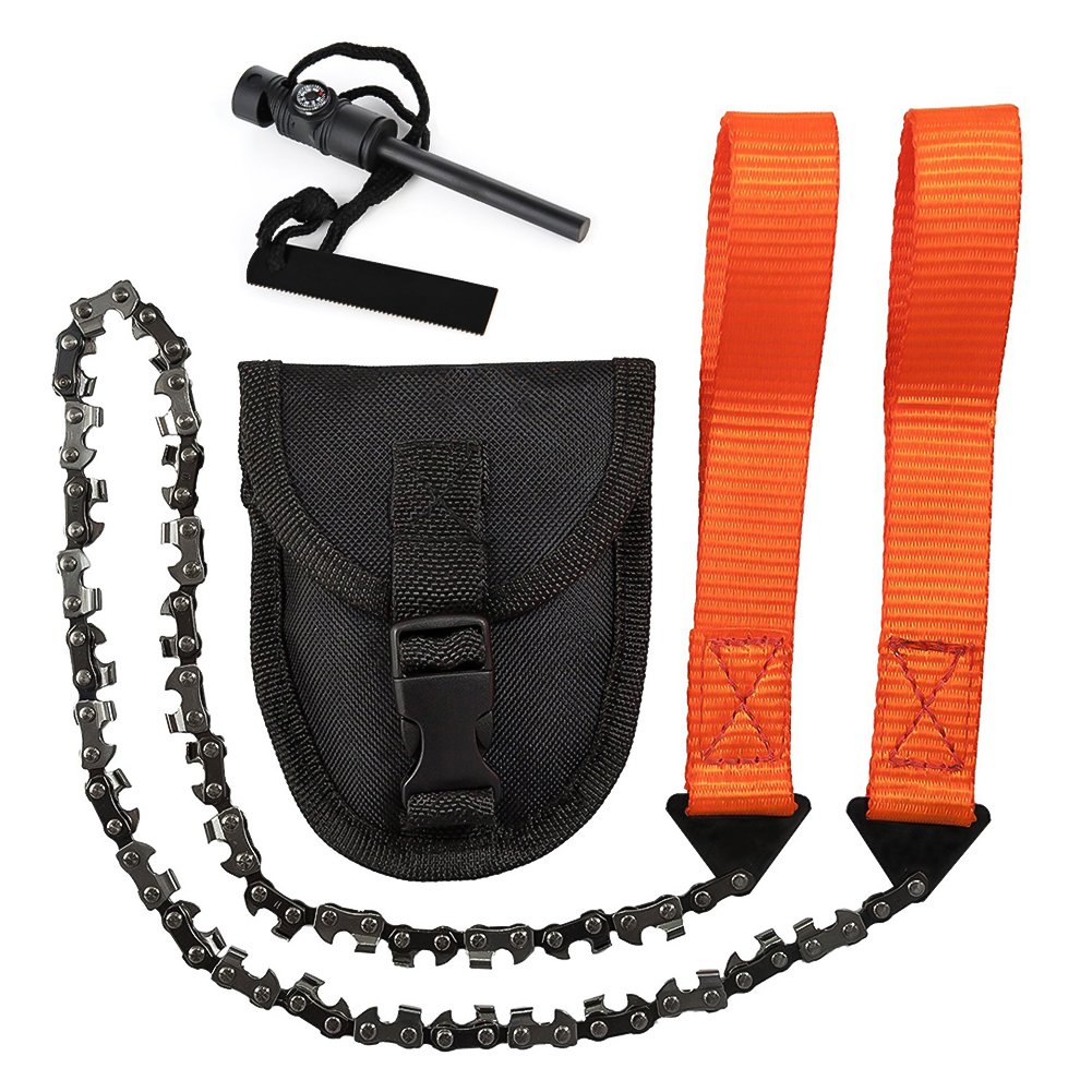 Hand Chainsaw with 33 Teeth Pocket Outdoor Cutting Tool for Garden Camping Hunting Hiking + Multifunctional Compass Fire Starter (24 Inches),black
