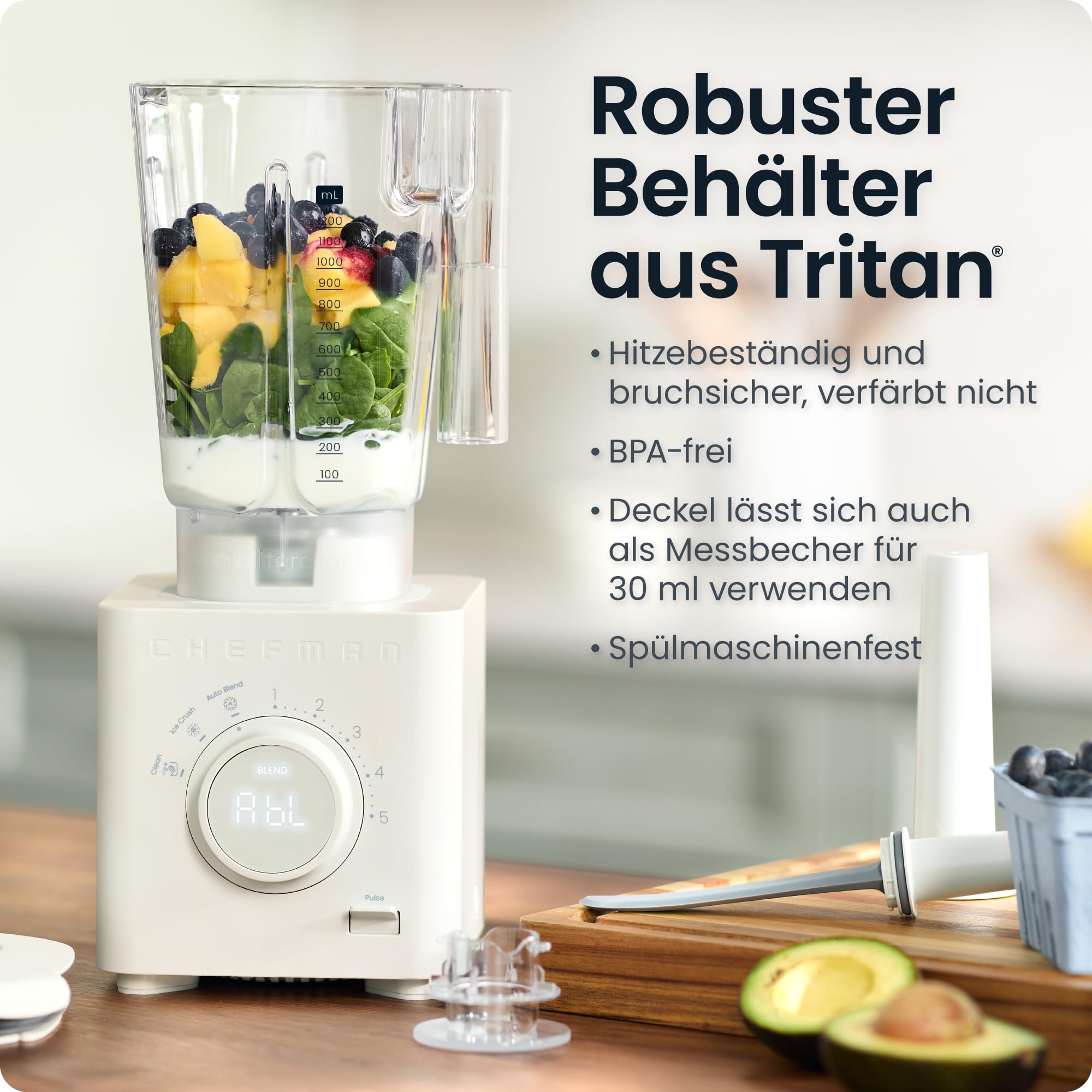 Chefman Obliterator Standmixer 1,2L 1350W, zerkleinert Eis & Früchte | für Smoothies, Edelstahlklinge, Auto-Blend, inkl. 600ml Reisebehälter, Betongrau