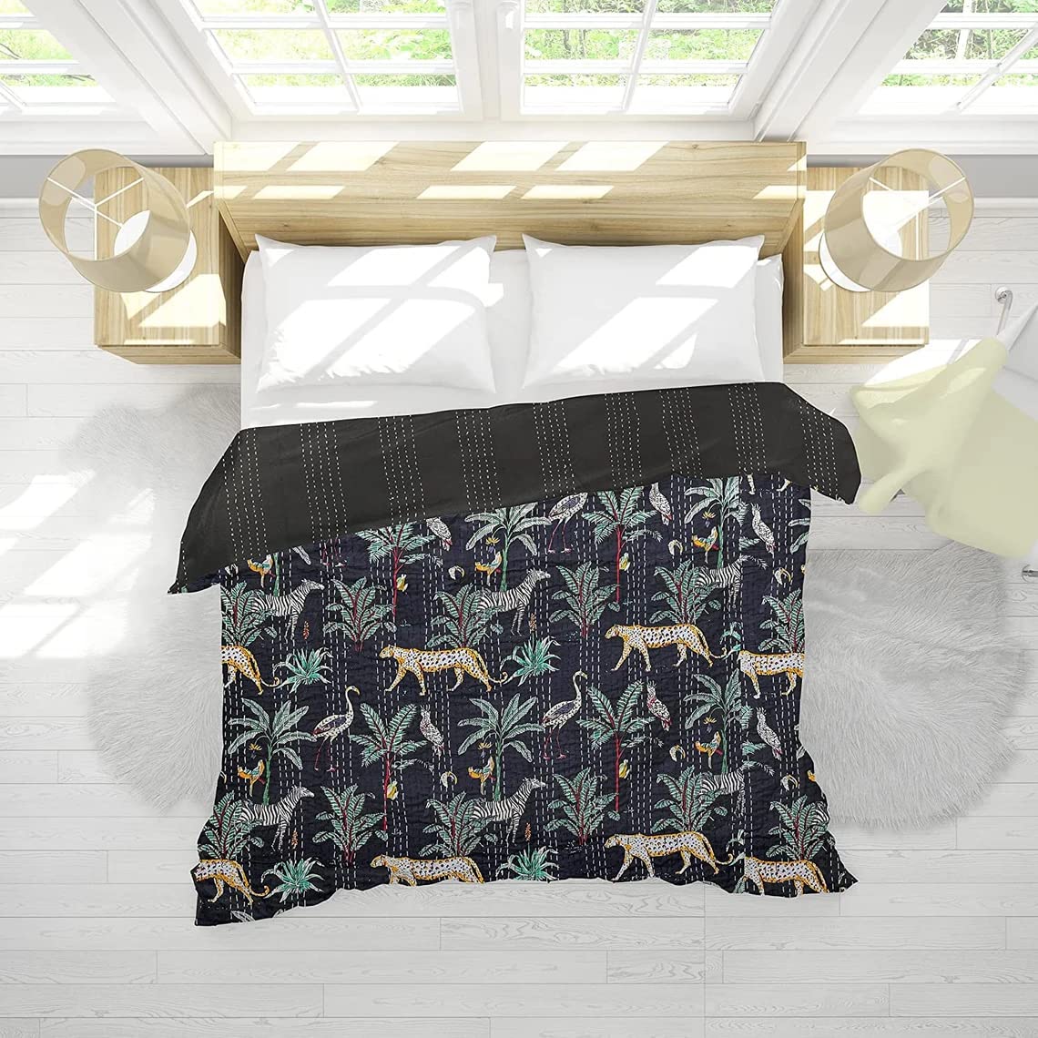 Craft Lovers Indian Handmade Stitched Pure Cotton Fruit Print Kantha Quilt, Reversible Kantha Quilt (Black, 30