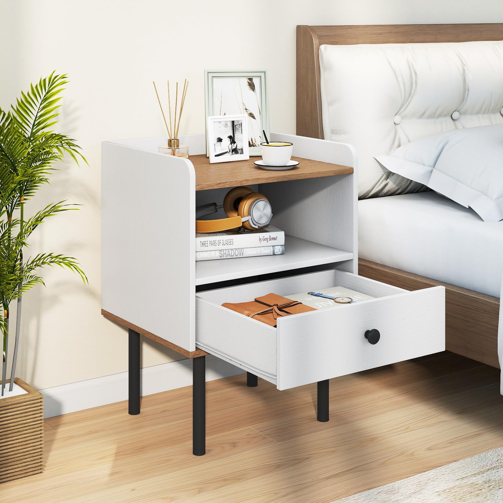 COSTWAY Table de Chevet, Table de Nuit avec Tiroir, Étagère de Rangement Ouverte, Pieds en Métal, Bout de Canapé, Chevet de Lit Moderne pour Salon, Chambre, Petits Espaces, Blanc