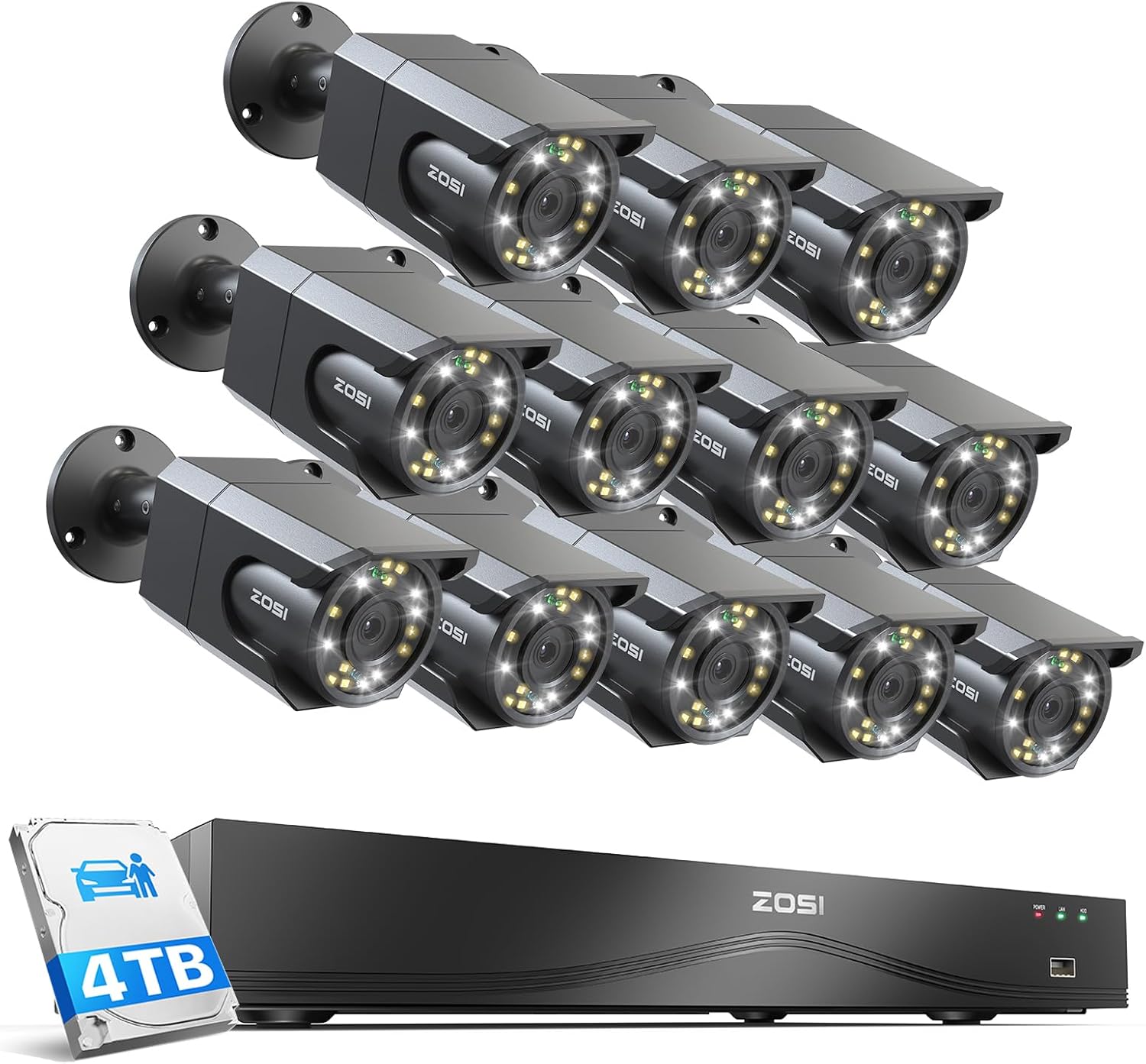 ZOSI 4K 16CH PoE Security Camera System (12 cameras)