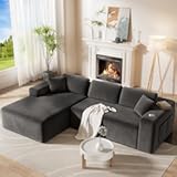 108” Cloud Sectional Couch in One Box&comma; Compressed Modular Sectional Sofa with Deep Seat&comma; Corduroy Boneless Couches&comma; L-Shaped Sofa for Living Room&comma; 4 Storage Pockets&lpar;Left Facing Chaise&comma; Grey&rpar;