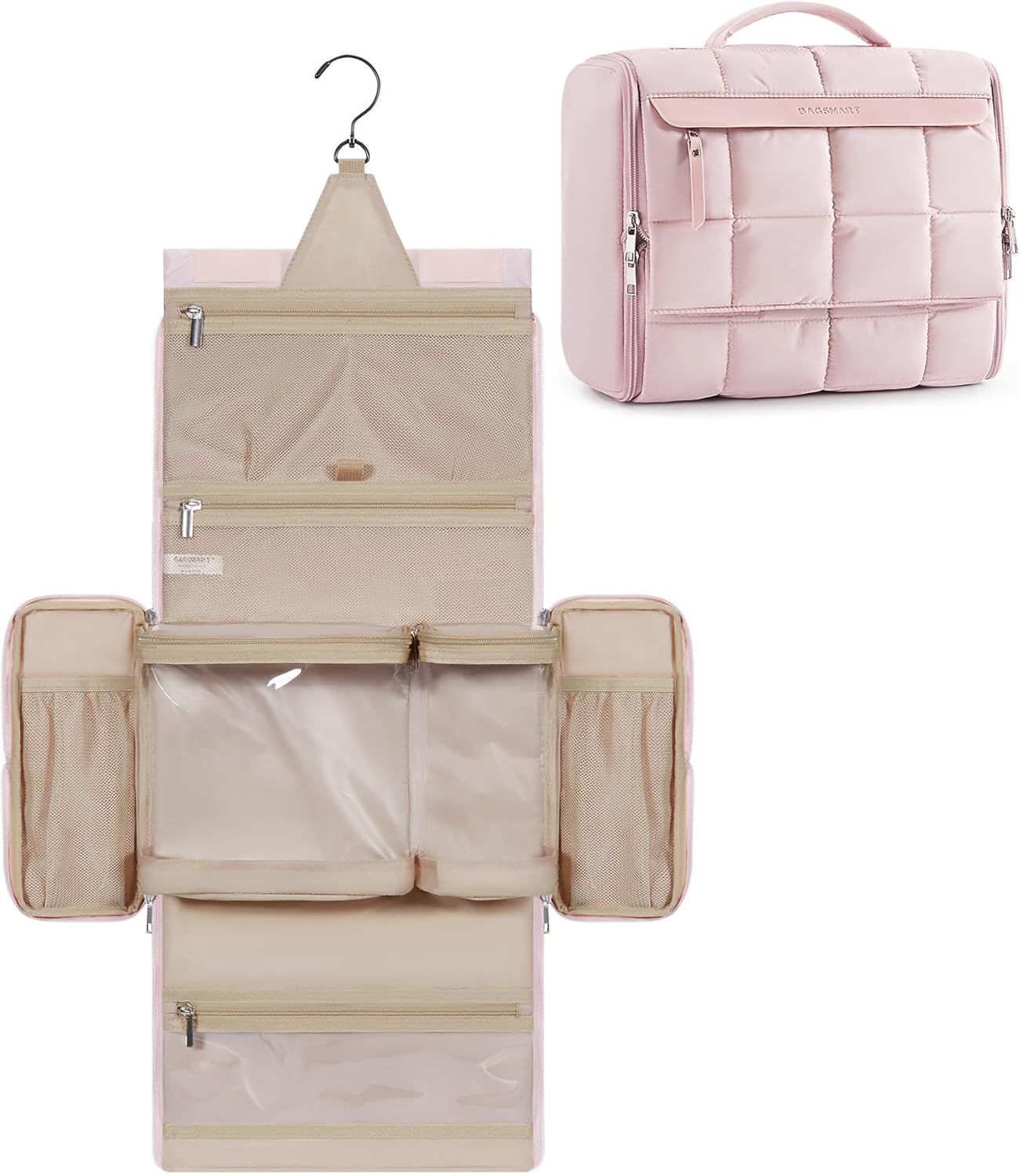 BAGSMART Travel Toiletry Bag, Lightweight Full-open Hanging Toiletry Bag for Women, Puffy Cosmetic Makeup Bag Organizer with Handle for Accessories, Essentials, Toiletries (Pink)