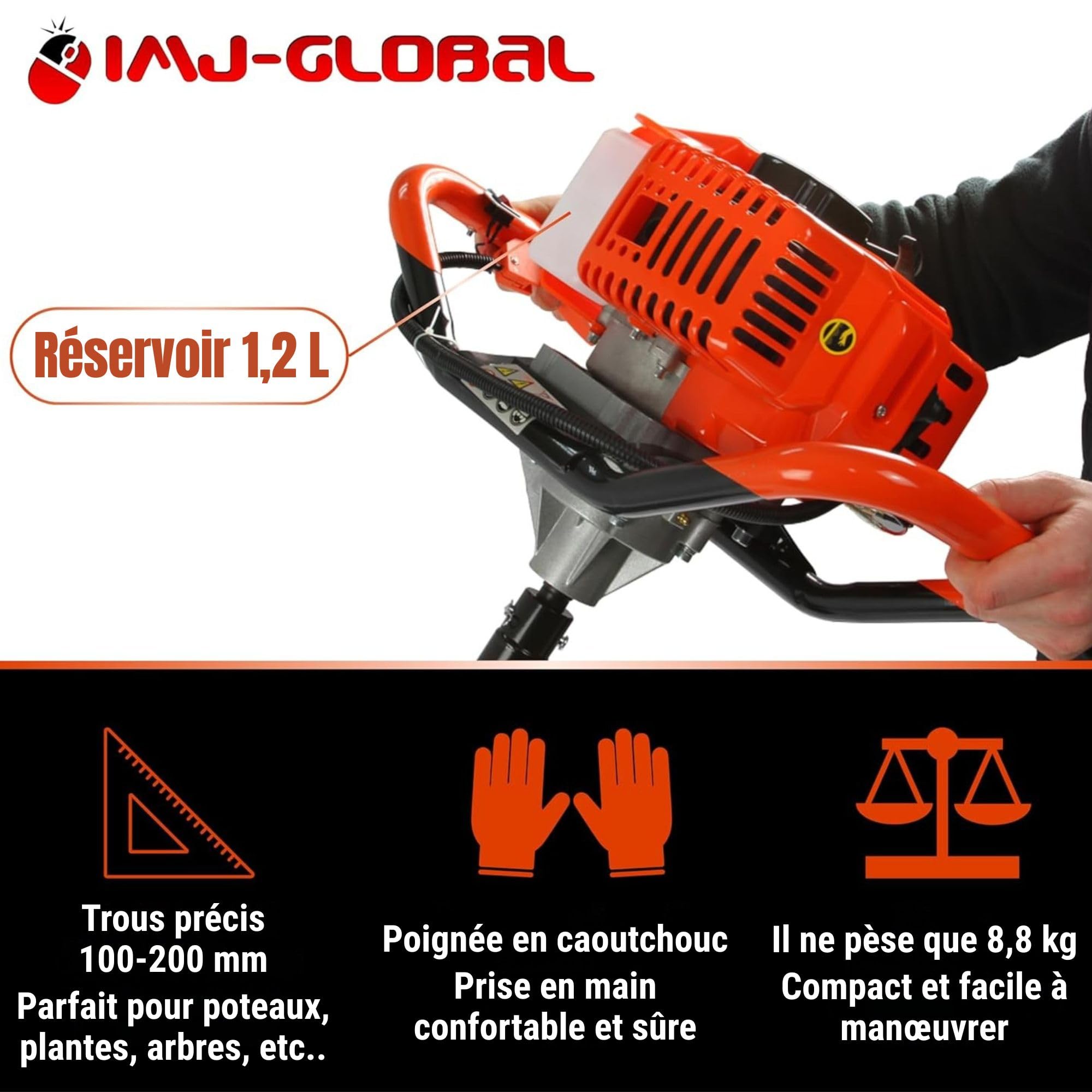 IMJ-Global - Tariere Thermique 2 Temps 62cc - 5,2 CV, Mélange Essence/Huile, Tarière Thermique Professionnelle pour le Jardin et le Terrain, avec 3 Embouts de Ø 100 mm, 150 mm et 200 mm