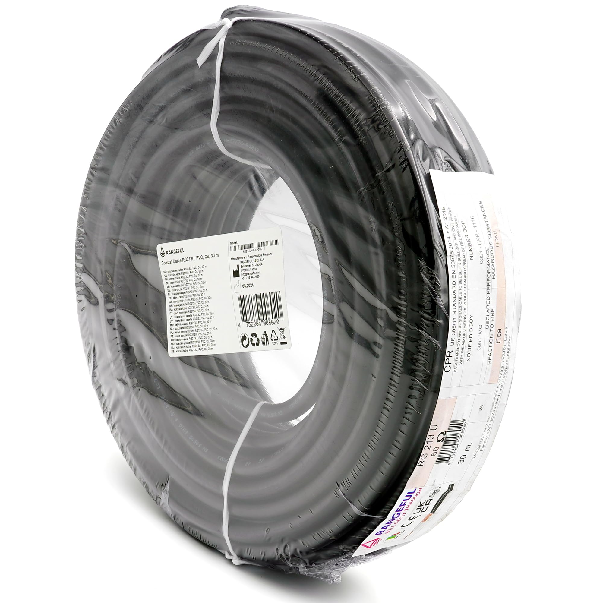 RANGEFUL RG213 30 metri cavo coassiale — prolunga 30m RF 50ohm compatibile con SMA BNC TNC UHF Tipo N — RG213U cable per Antenna Esterno WiFi Router 4G 5G CB Radio Modem — Prodotto in Italia