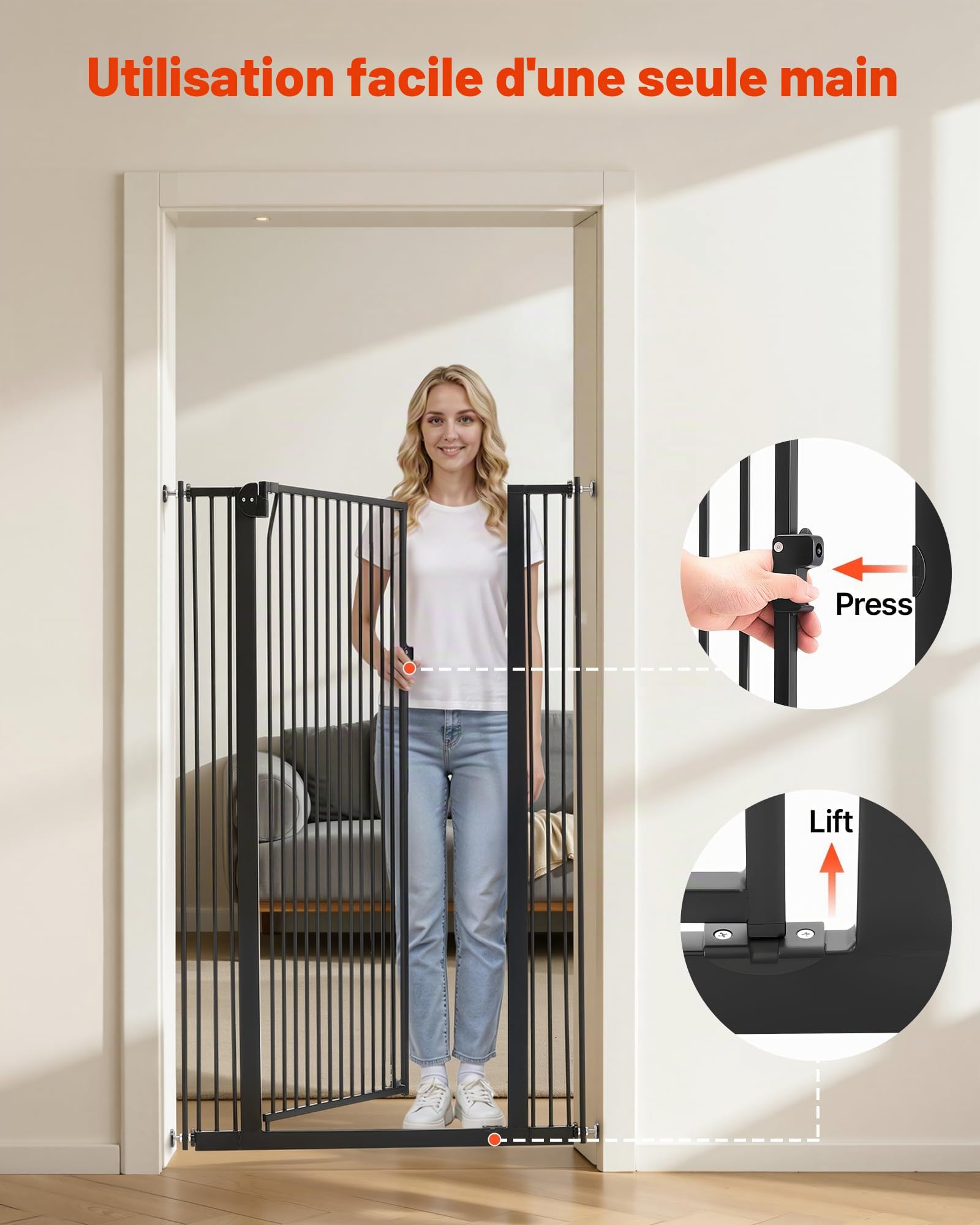 VEVOR Barrière de Sécurité pour Animaux Très Haute, Largeur Réglable 74-105 cm, Porte Chien Hauteur 142 cm, Barreaux Espacés 33 mm, Fixation par Pression ou Murale, pour Escaliers Portes Maison, Noir