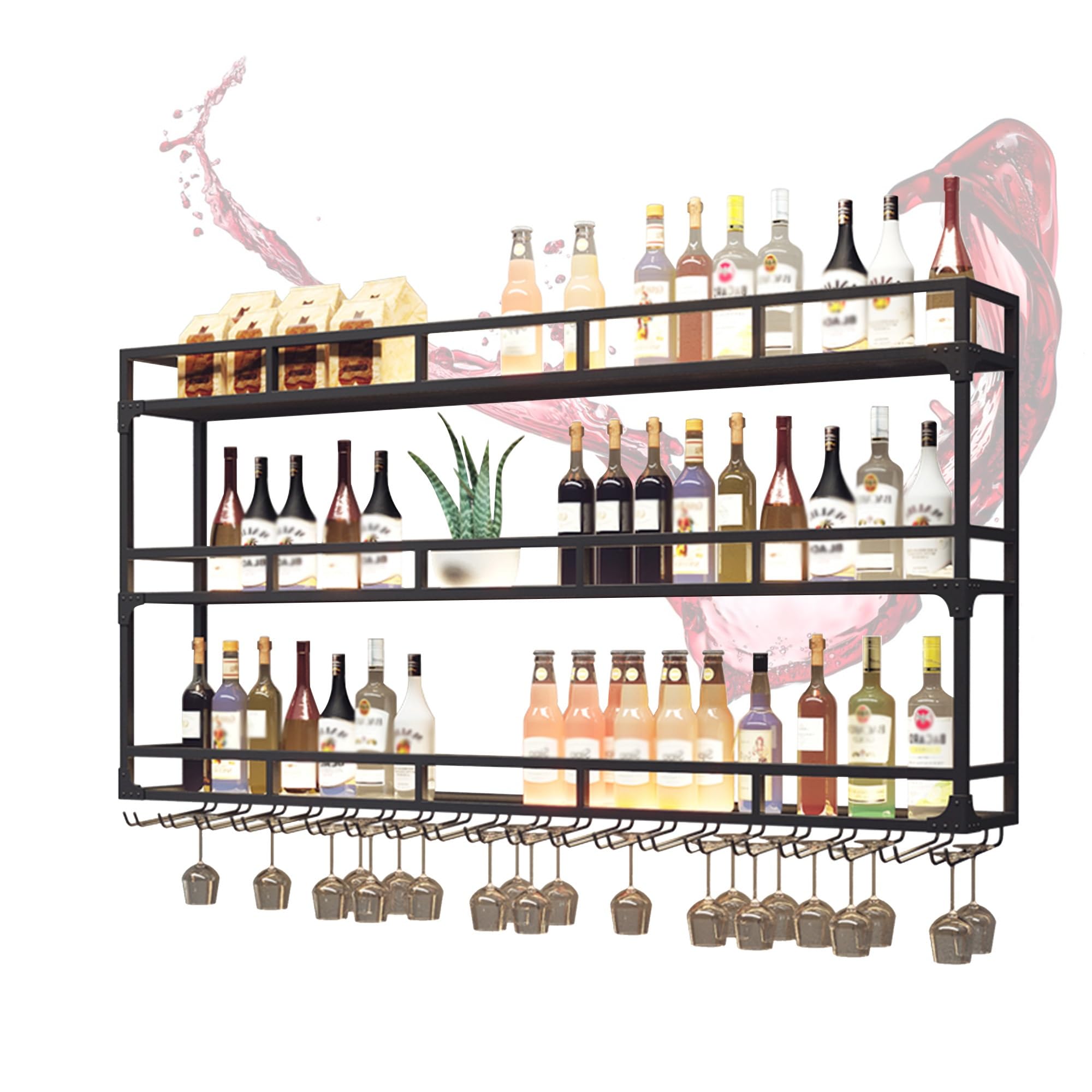 Portabottiglie da parete in metallo con illuminazione a LED, 3 ripiani, per casa, bar e cucina, supporto da parete per bottiglie di vino, elegante design nero (180 cm)