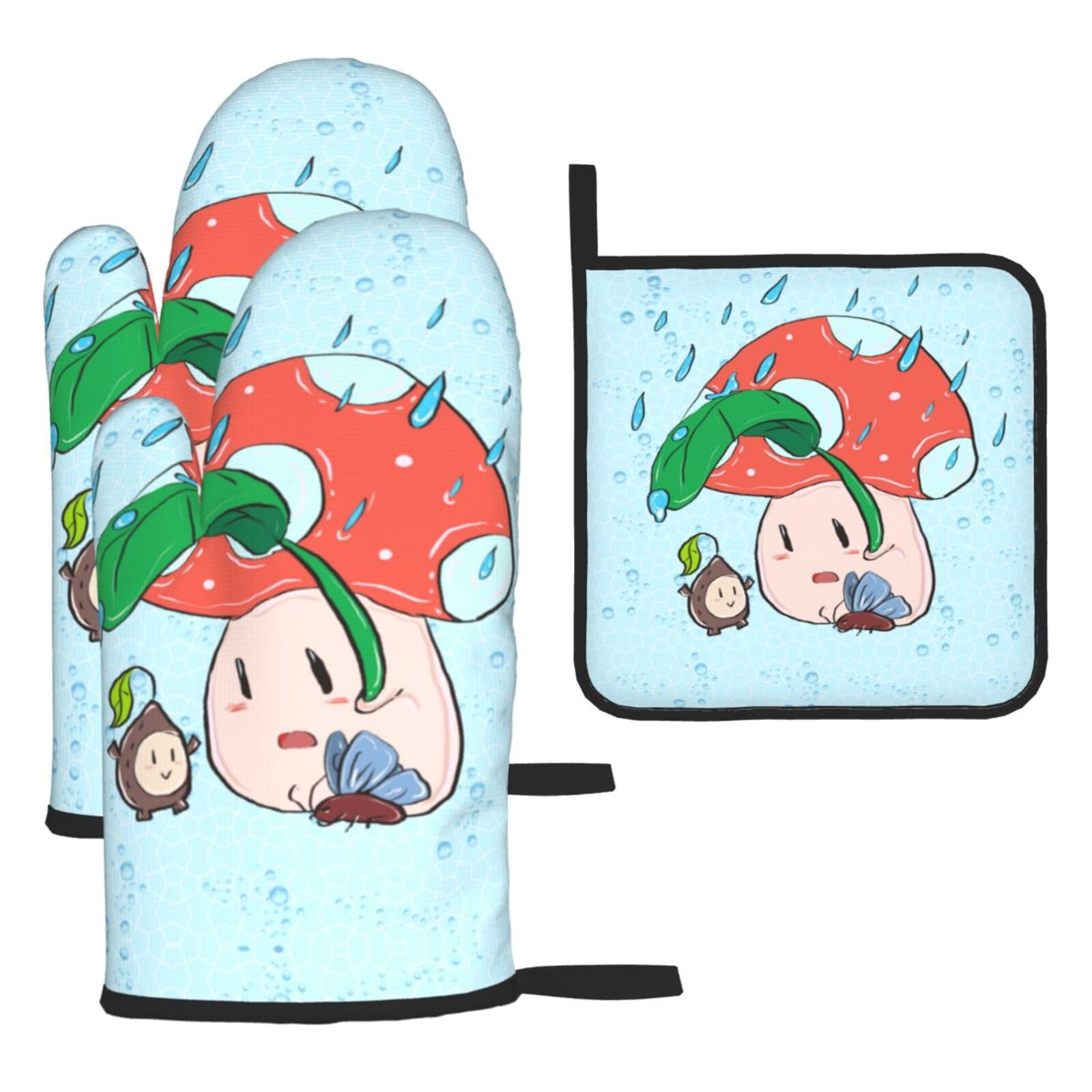 Sunflower seeds and mushroom Oven mittens and oven mitts three-piece set suitable for oven, grilling, baking, microwave and home cooking.