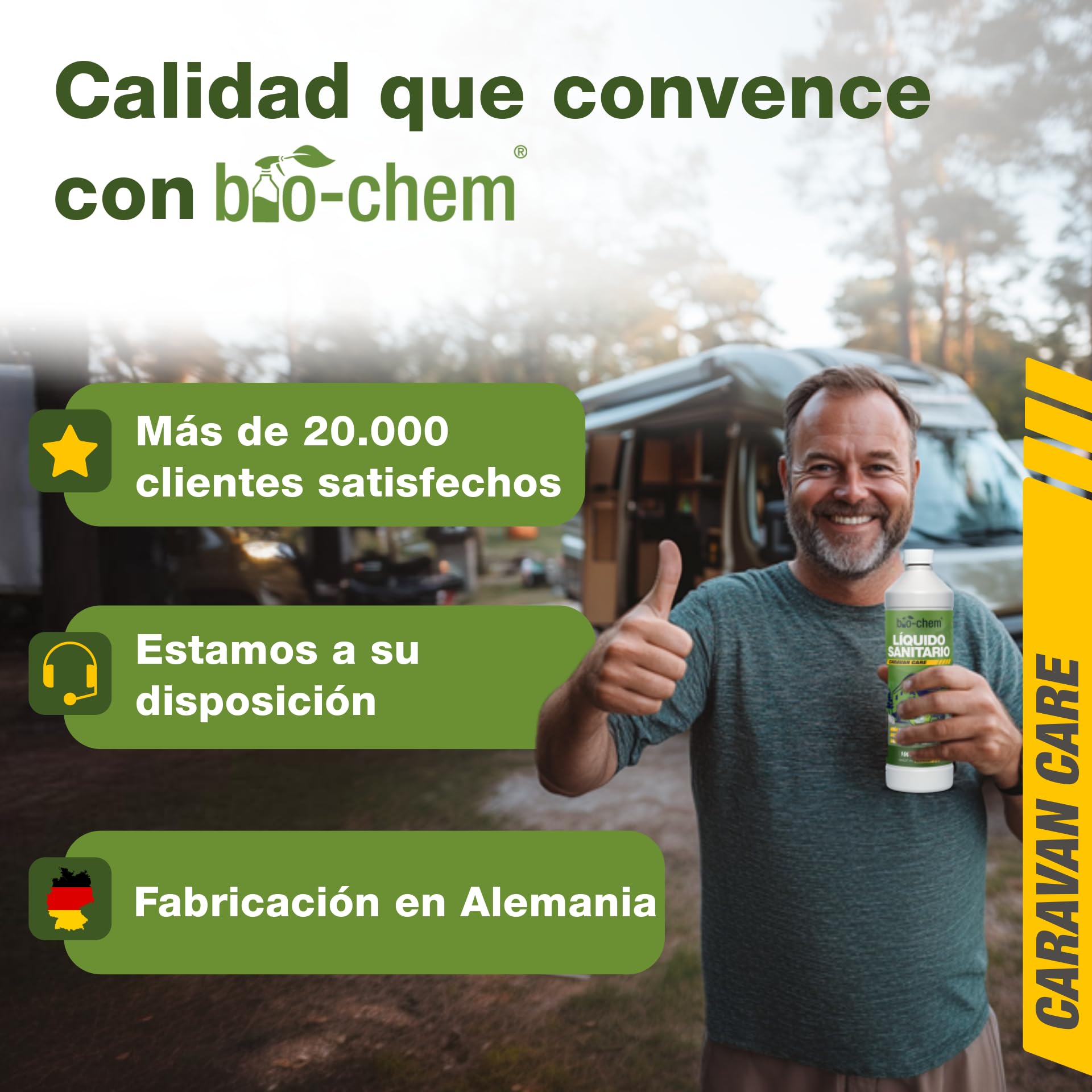 Bio-Chem - Líquido Sanitario 5L Nueva fórmula con microorganismos para WC químicos de caravanas - Aditivo Sanitario Concentrado para WC portátiles de Camping - Vaso medidor Incluido