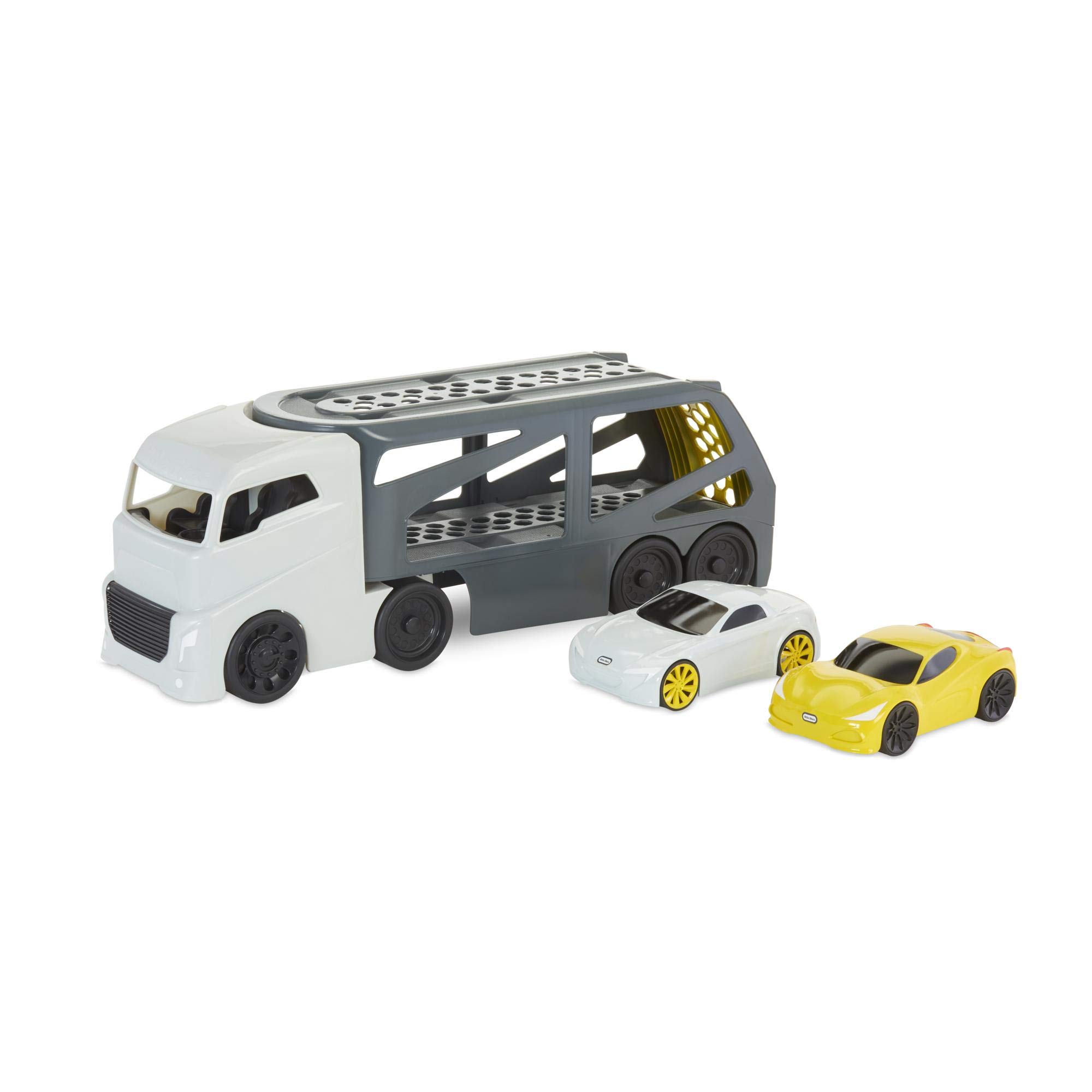 little tikes Großer Autotransporter - Spielauto für Drinnen & Draußen - Gekoppelter Anhänger, Laderampe, Ladefläche - Für aktives Spielen - Inklusive 2 Rennwagen - Ab 2 Jahren