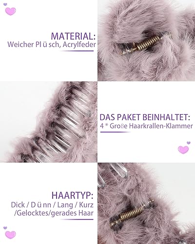 Miniatura 5 de Paquete de 4 pinzas grandes para el cabello, pinza de pelo sintético de felpa, pinza de mandíbula para el cabello, combinación de garra para el