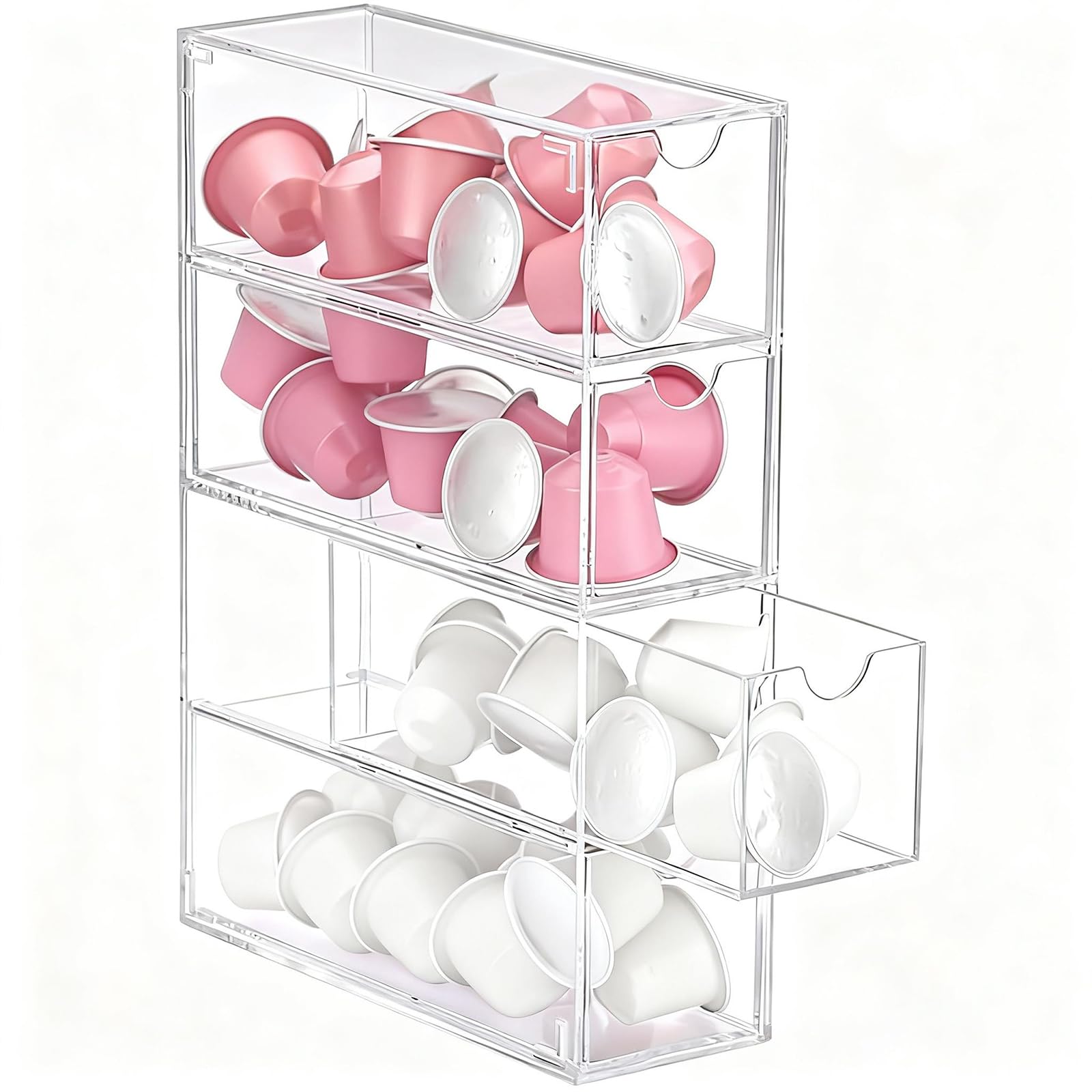 CRCFSUK 1Pcs Acrylic Coffee Pod Storage Organiser with 4 Drawers - Transparent Holder for Nespresso Vertuo/Original, Dolce Gusto & K-Cups - 24.7x17.6x6.6cm Stackable Drawer Box