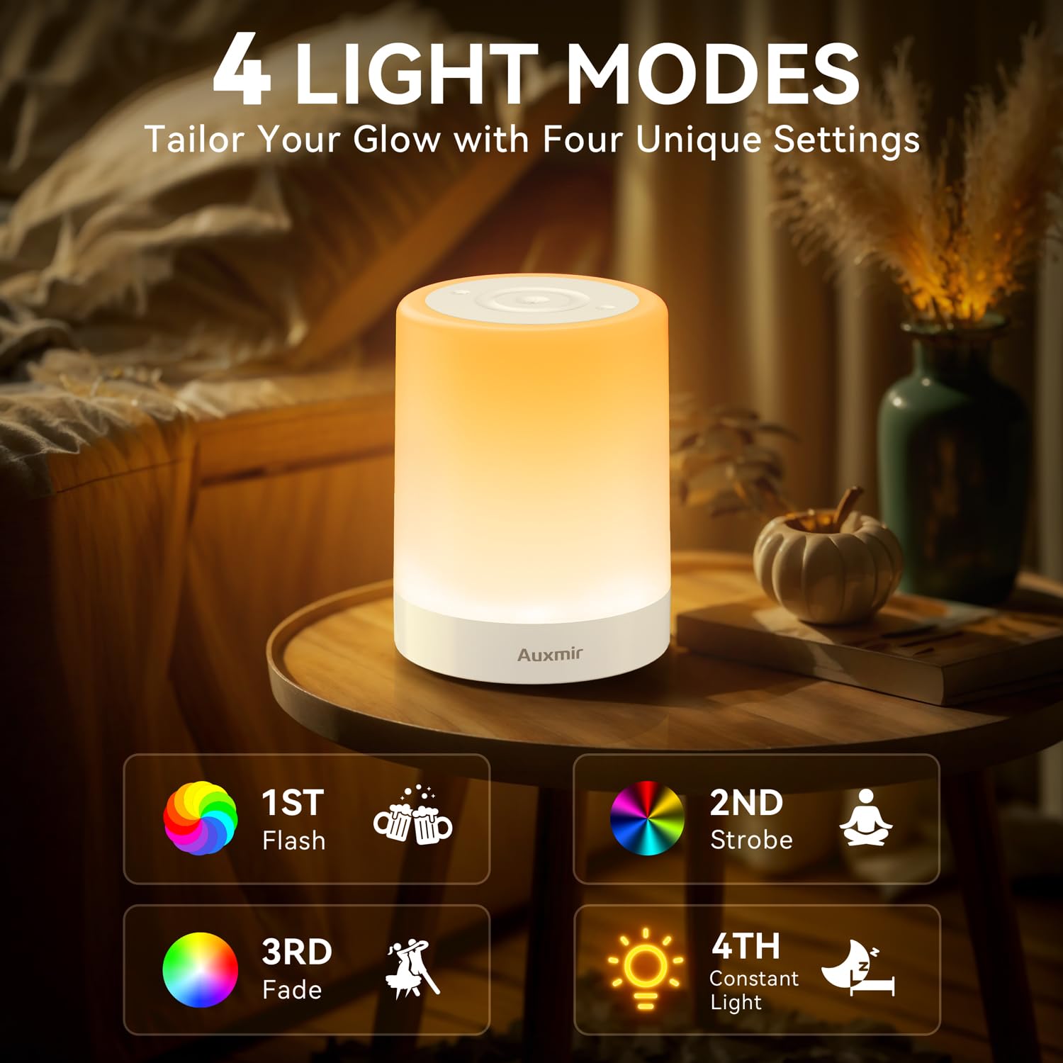 Auxmir Lampada da Comodino LED Touch, Luce Notturna senza Fili, Colori RGB, 4 Modalità, 5 Livelli di Luminosità, Ricaricabile 3000mAh, Funzione Timer, Lampada LED per Cameretta, Camera da letto