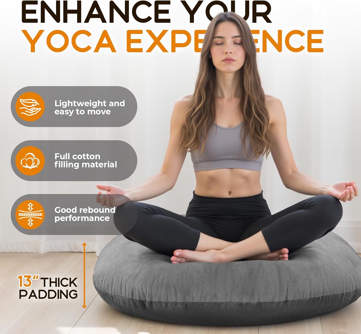 Large Floor Pillow, 32" Round Floor Cushion with 13" Thick Padding for Adults, Velvet Meditation Cushion for Yoga & Lounge Seating, Decorative Accent Pillow (Grey)