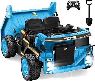 ANPABO 24V Ride On Dump Truck, 2X75W Powerful Motors, Up to 4.4Mph, EVA Tires, Construction Vehicle w/Electric Dump Bed and Extra Shovel, 19" Spacious Seat, Kids Car w/Parent Remote -Blue