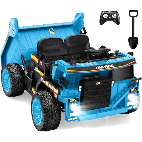 ANPABO 24V Ride On Dump Truck, 2X75W Powerful Motors, Up to 4.4Mph, EVA Tires, Construction Vehicle w/Electric Dump Bed and Extra Shovel, 19" Spacious Seat, Kids Car w/Parent Remote -Blue