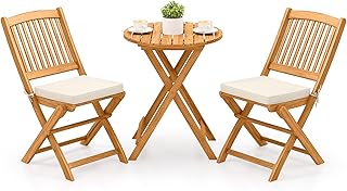 Tangkula 3 Pieces Acacia Wood Patio Folding Bistro Set, Outdoor Table an...