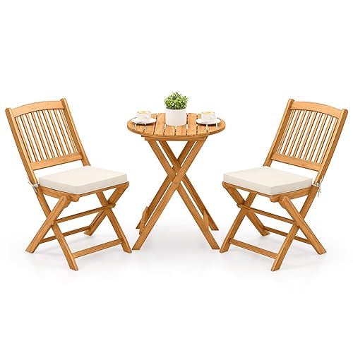 Tangkula 3 Pieces Acacia Wood Patio Folding Bistro Set, Outdoor