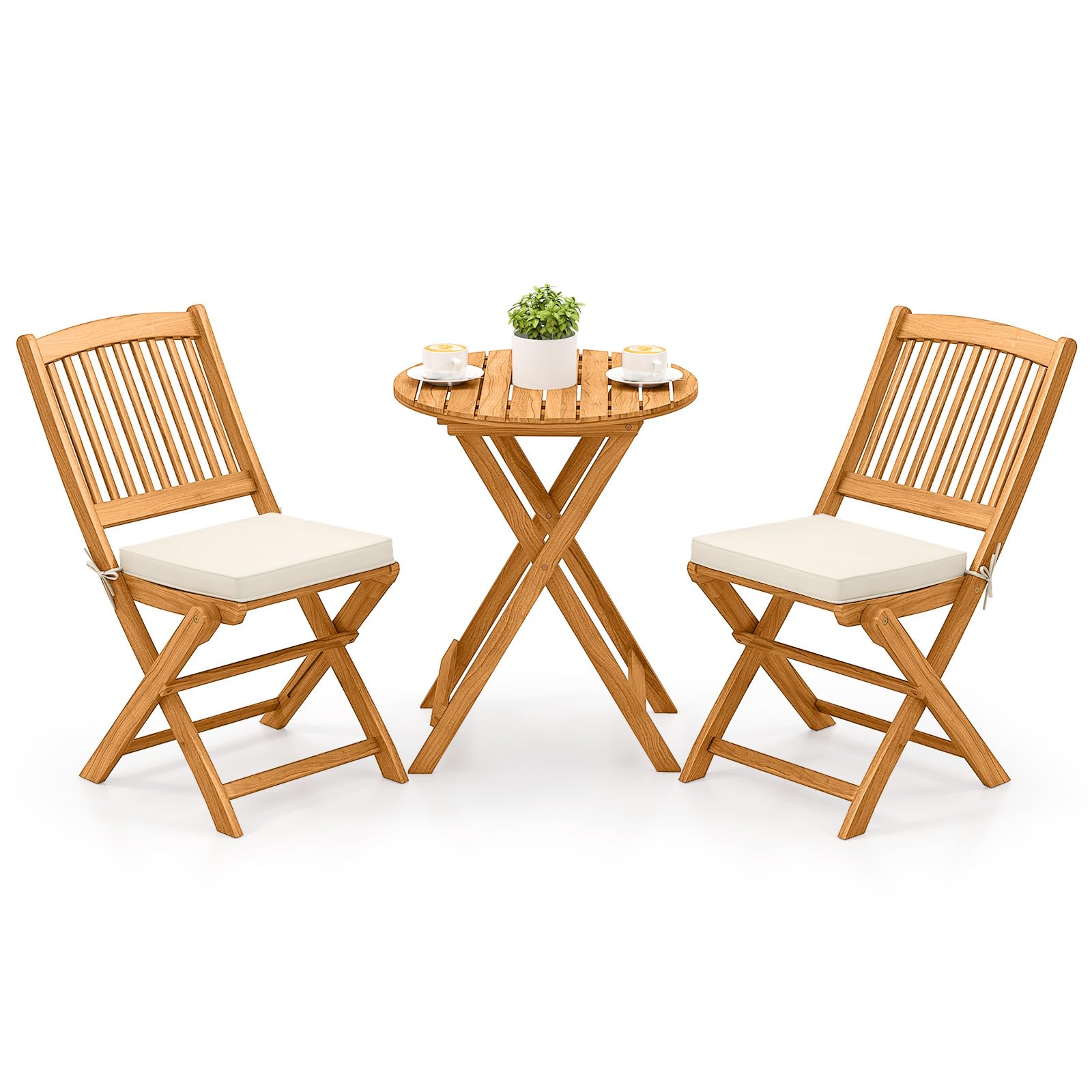 Tangkula 3 Pieces Acacia Wood Patio Folding Bistro Set