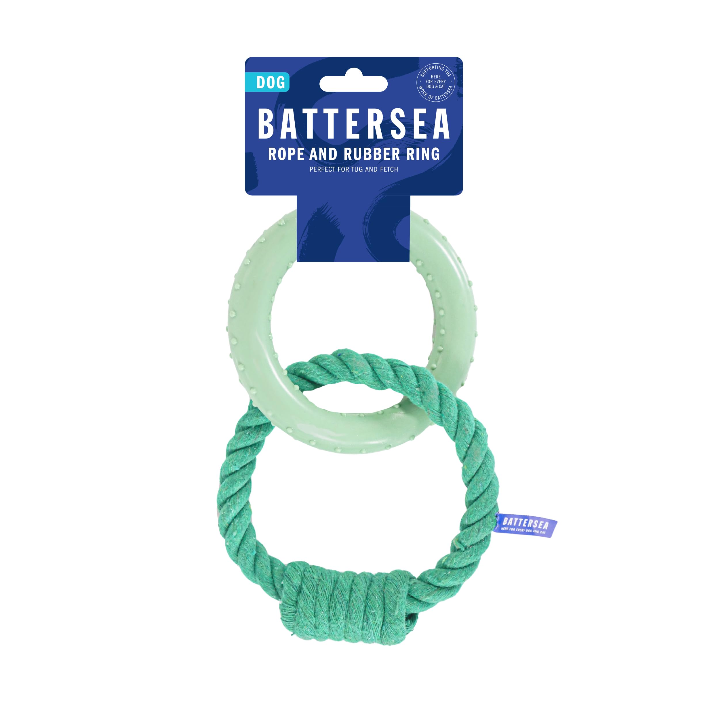 Rosewood Battersea Rope & Rubber Rings Tug Dog Toy, 13cm x 20cm, Green - Durable, Interactive Toy for Tugging, Chewing, and Playtime with Dogs