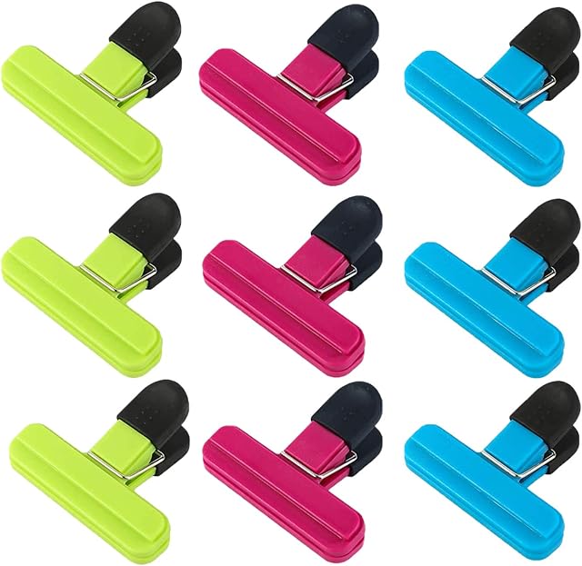 Food Bag Clips, Netume 9 Pcs Plastic Food Storage Clips Sealing Clips for Opened Bag/Freezer Bag/Coffee Bag Sealer, Durable Chip Bag Clips Packet Clips for Kitchen,Home,Office Usage,Assorted Colours